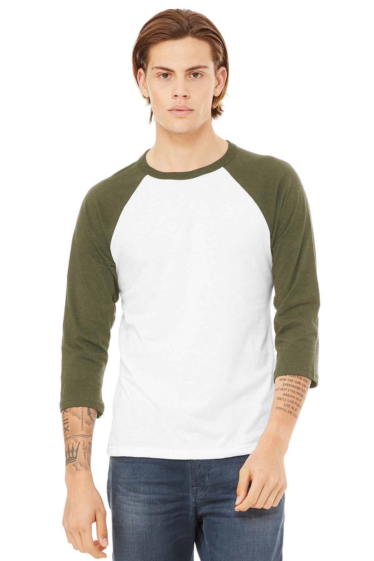 Bella Canvas Unisex 3/4 Sleeve Baseball Tee - Soft Cotton Jersey Shirt for Men & Women | White & Heather Olive | Perfect for Casual Wear, Sports & Street Fashion