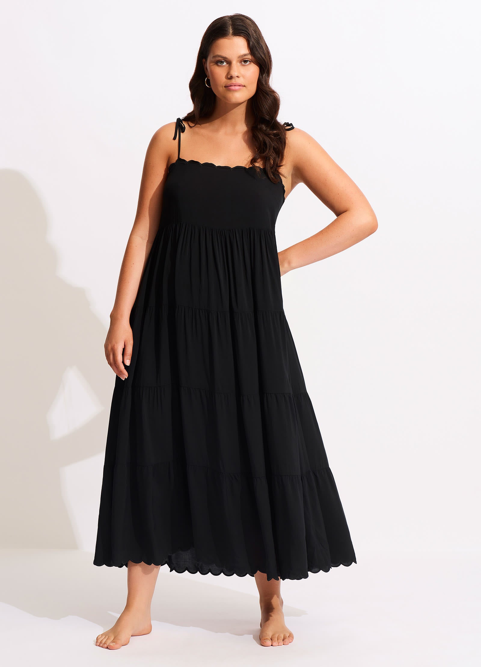Gia Scallop Midi Dress - Elegant Black Floral Summer Dress for Women | Perfect for Beach Vacations, Date Nights & Special Occasions