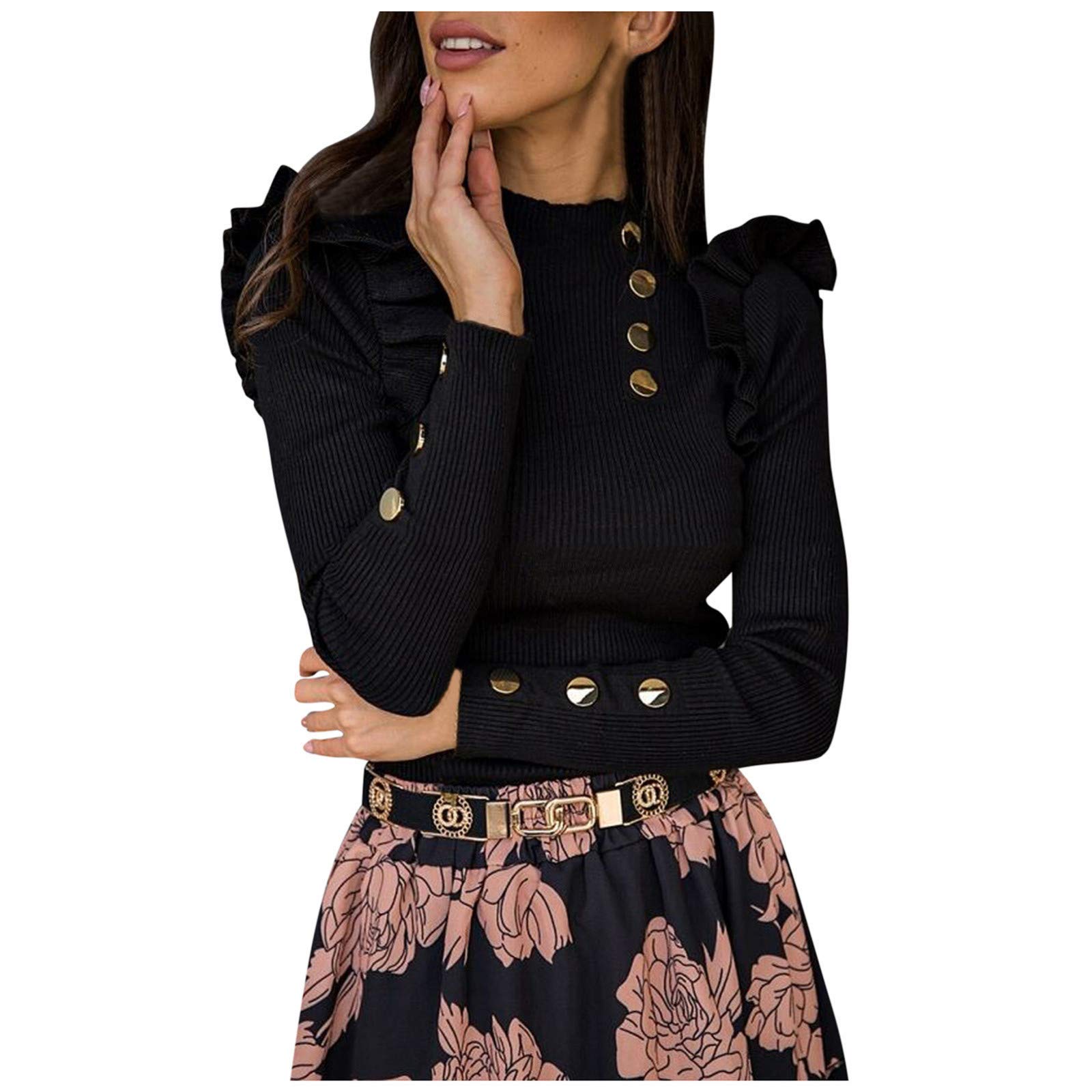 HUANKD Women's Long Sleeve Blouse - Slim Fit Button Down Shirt with Ruffled Hem & Bottom Buttons - Casual Office Wear & Spring Layering Top