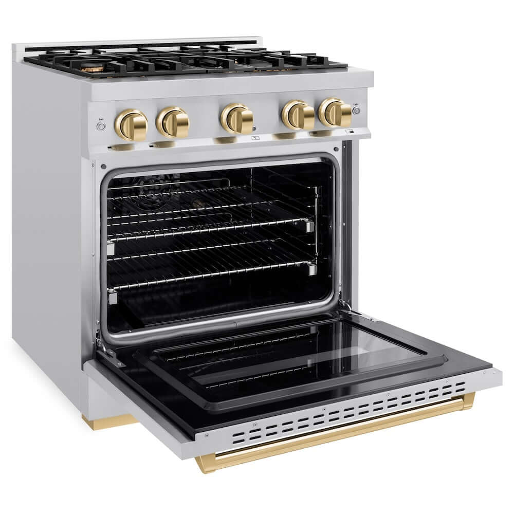 ZLINE Autograph Edition 30-inch 4.2 cu. ft. Stainless Steel Dual Fuel Range with 4-Burner Gas Cooktop & Convection Oven - Polished Gold Accents (CDRZ 30 G) for Professional Home Kitchens & Gourmet Cooking