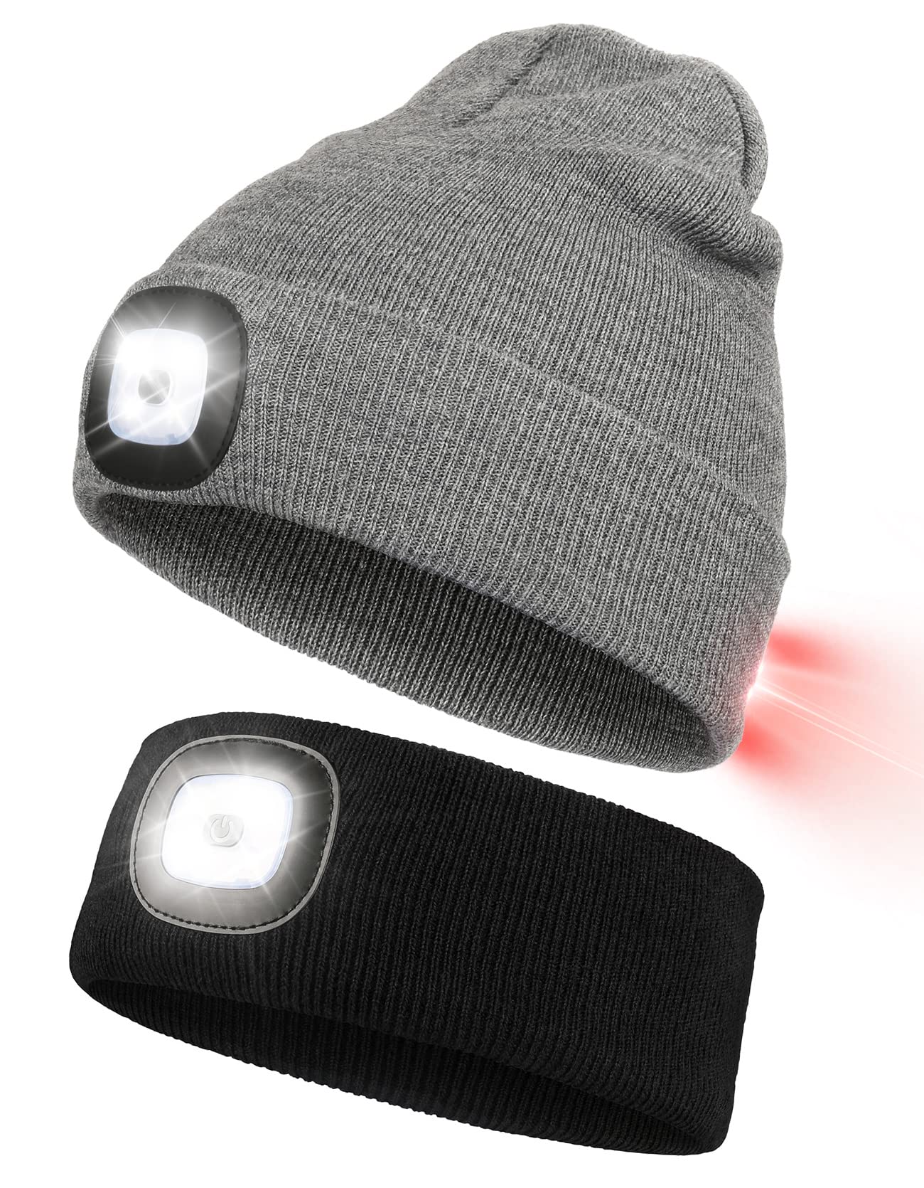 Black LED Sports Headband & Grey LED Beanie Hat Bundle - Adjustable Light Up Headwear for Running, Cycling, Night Jogging, Concerts & Outdoor Activities