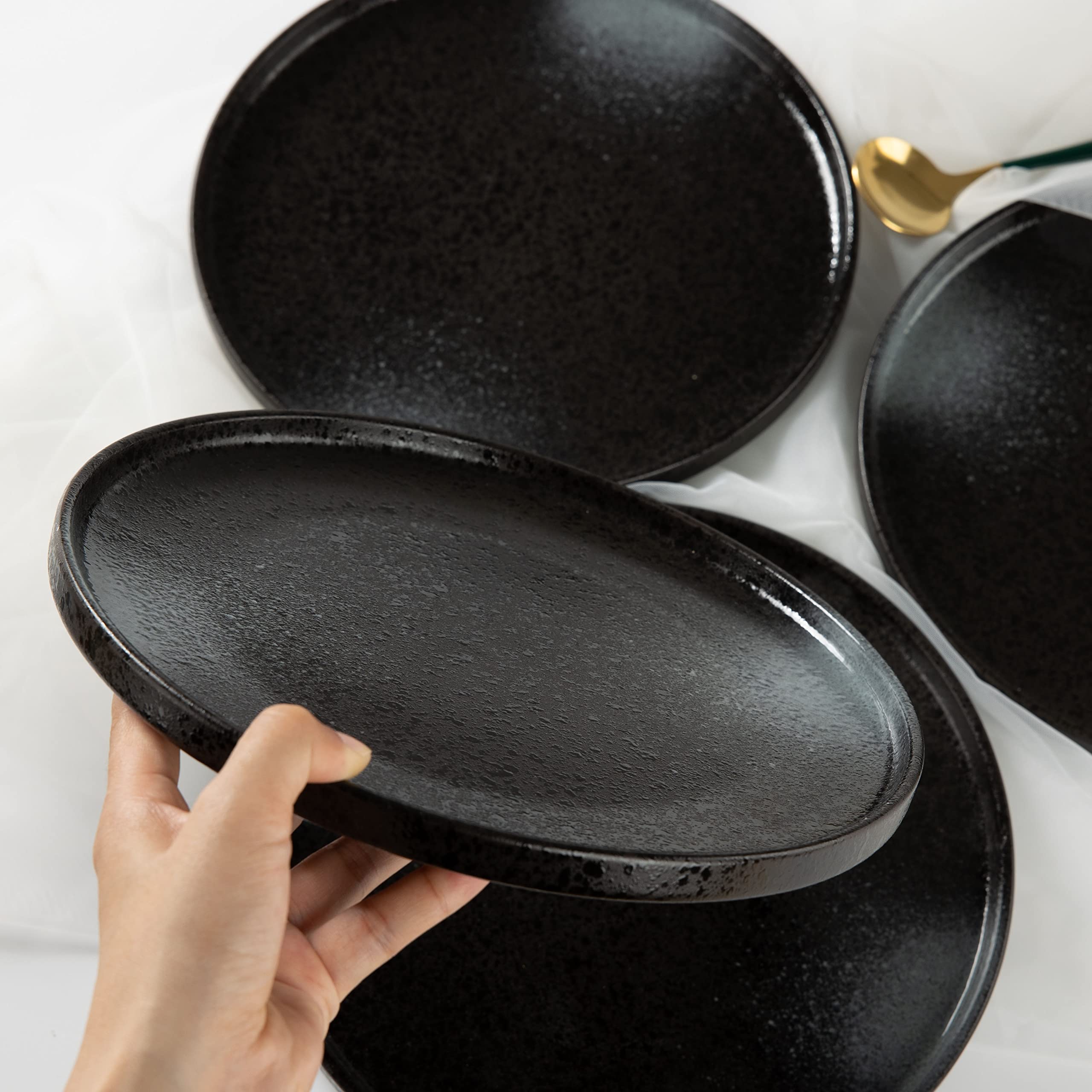 S&Q'S CERAMIC FLAT DESSERT & SALAD PLATES - 8 Inch Set of 6 - Scratch Resistant Black & Grey - Microwave, Oven & Dishwasher Safe - Perfect for Appetizers, Small Dinners, Parties & Home Decor