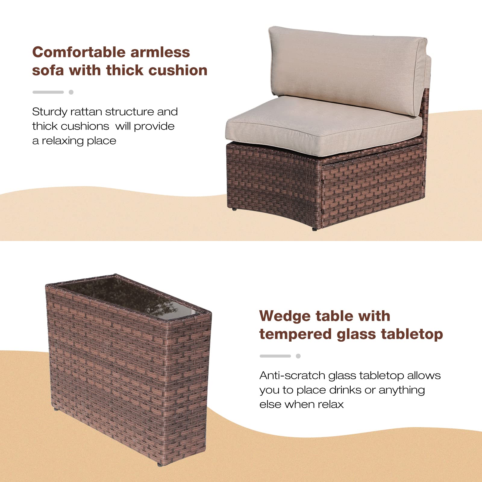 **SUNSITT 8-Piece Outdoor Patio Furniture Set - Half-Moon Curved PE Wicker Sectional Sofa with Beige Cushions, Brown Rattan Conversation Set for Garden, Poolside, Backyard & Patio Relaxation**