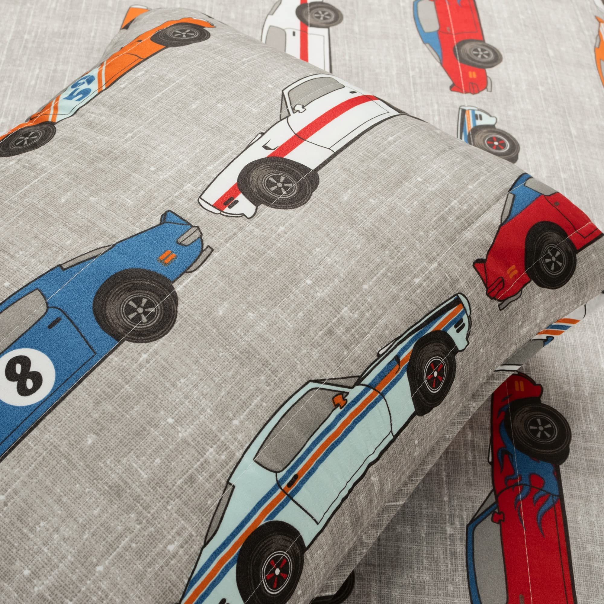 Lush Decor Race Car Kids' 7-Piece Oversized Reversible Quilt Bedding Set for Boys - Blue & Orange Full/Queen Size - Perfect for Boys' Bedroom Decor & Race Car Themed Rooms