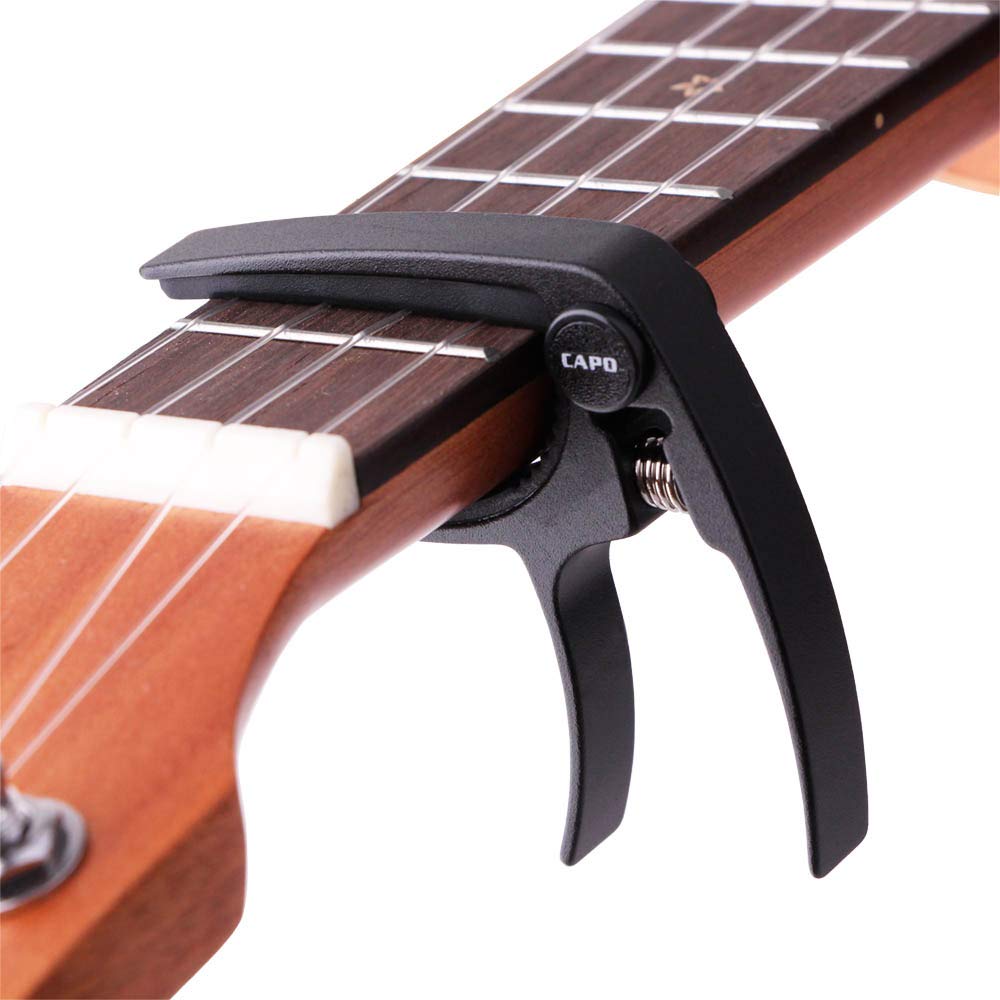 Premium Aluminum Alloy Ukulele Capo for Soprano/Concert/Tenor/Baritone - Lightweight 4-String Uke Clamp with Free Guitar Picks (Black) - Perfect for Live Performances, Practice & Travel