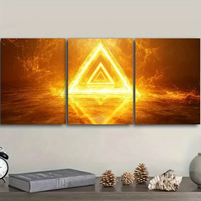 3pcs Glowing Yellow Triangle Metal Wall Art - Ready to Hang Modern Home Decor for Living Room, Bedroom & Office