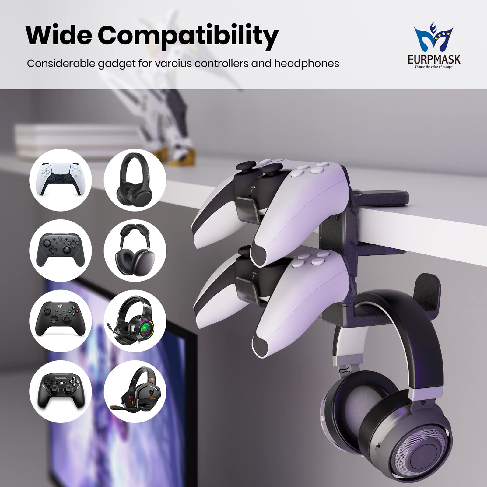 3-in-1 PC Gaming Headset & Controller Stand with Adjustable Clamp, Rotating Arm & Cable Management - Universal Gaming Accessory for PS5, Xbox, PC - Perfect for Desk Organization & Gaming Setup (Black)