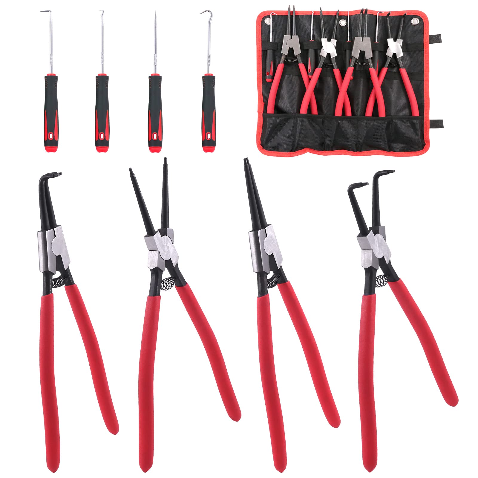 8Pcs Heavy Duty Snap Ring Pliers Set - 13 Inch Internal & External Circlip Pliers with Straight/Bent Jaws for Automotive, Machinery & DIY Repairs - Professional Retaining Ring Removal Tool Kit for Mechanics and Home Use