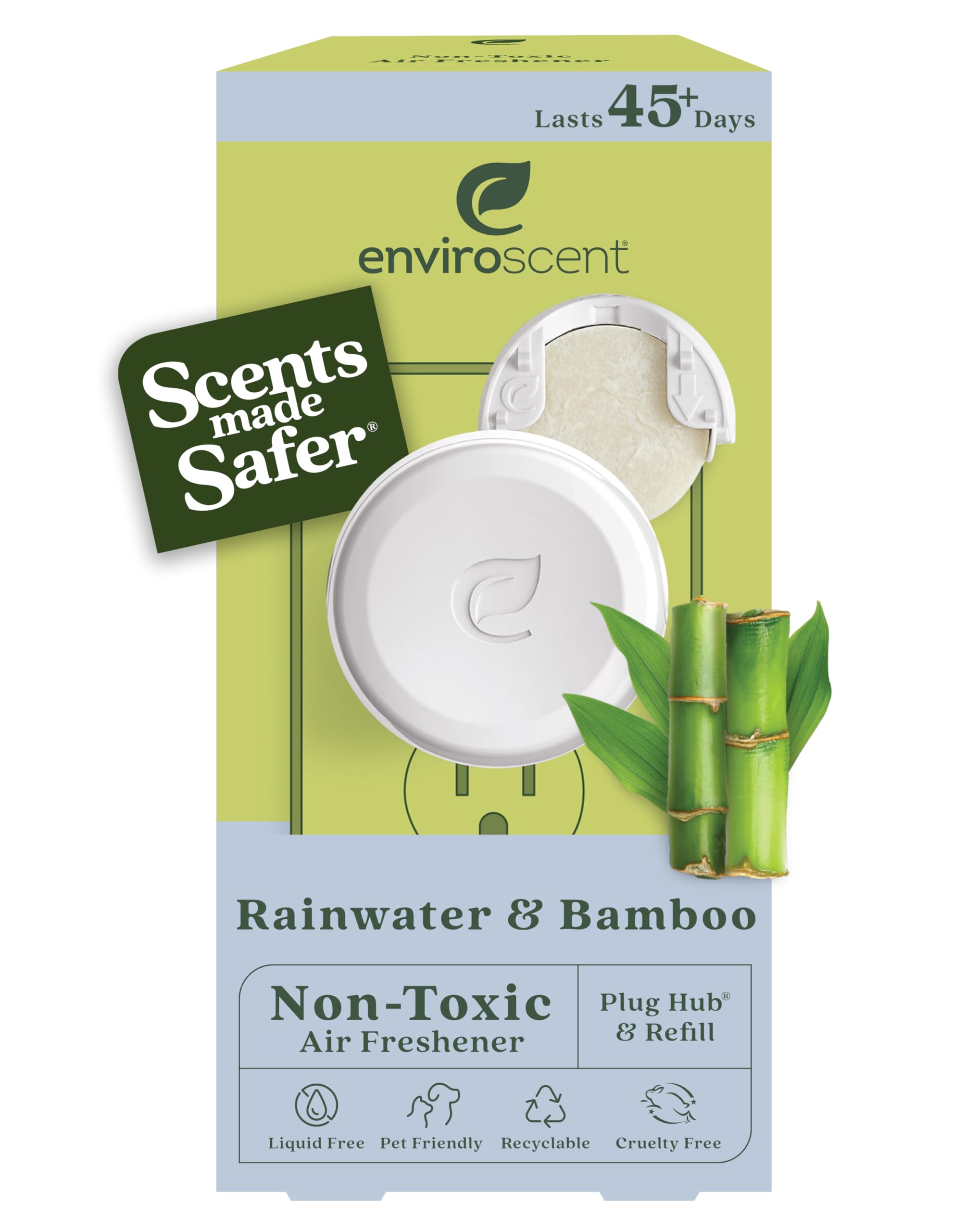 Enviroscent Non-Toxic Plug-In Air Freshener - Rainwater & Bamboo Scent | Essential Oil Diffuser for Home | Long-Lasting 45+ Day Fragrance | Includes 1 Refillable Plug & 1 Scent Refill Kit | Perfect for Living Room, Bedroom, Office & Bathroom