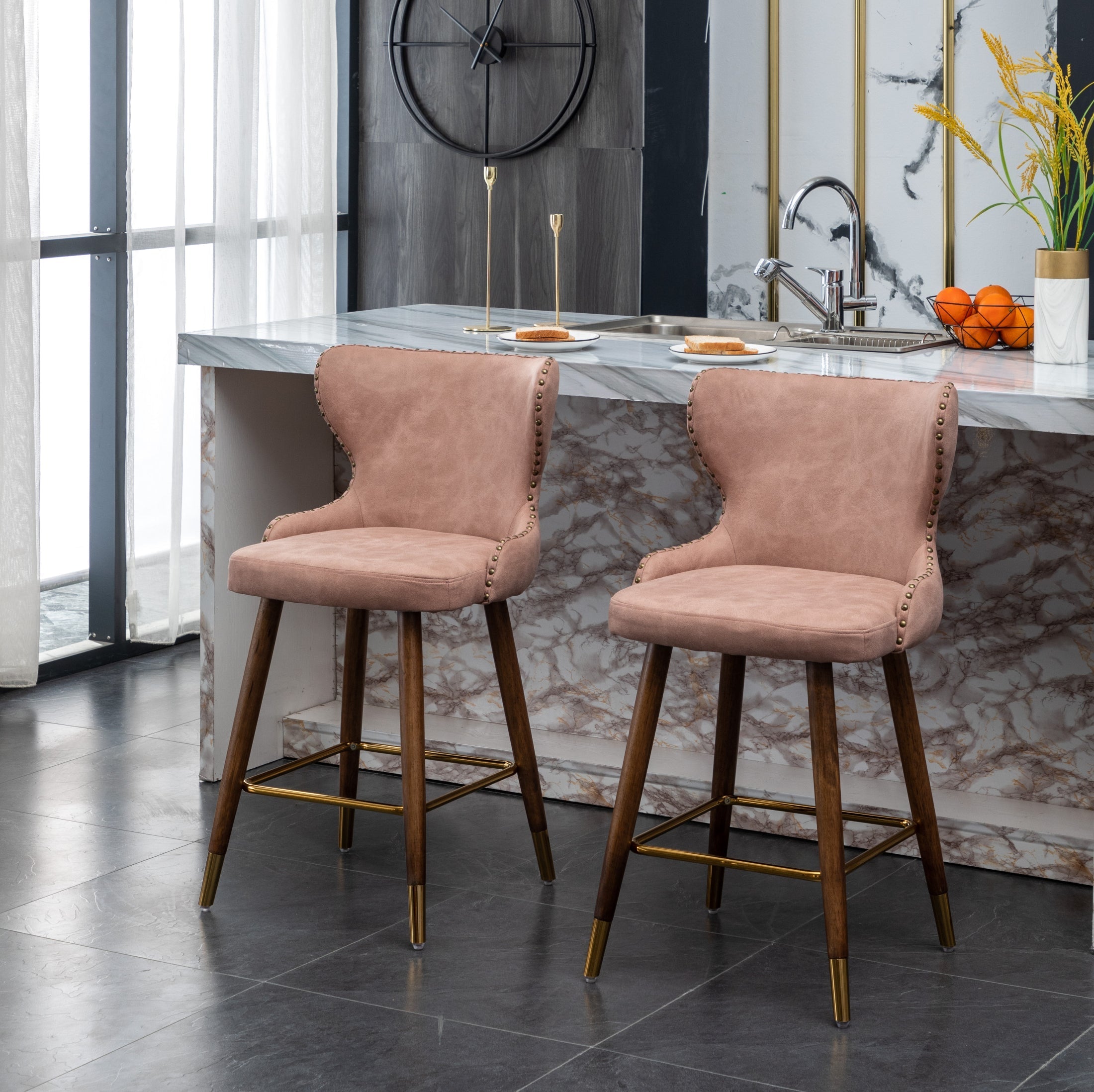 Roundhill Furniture Nevis Mid-Century Modern Faux Leather Tufted Counter Stool with Nailhead Trim - Set of 2, Pink - Perfect for Kitchen Islands, Breakfast Bars & Home Decor