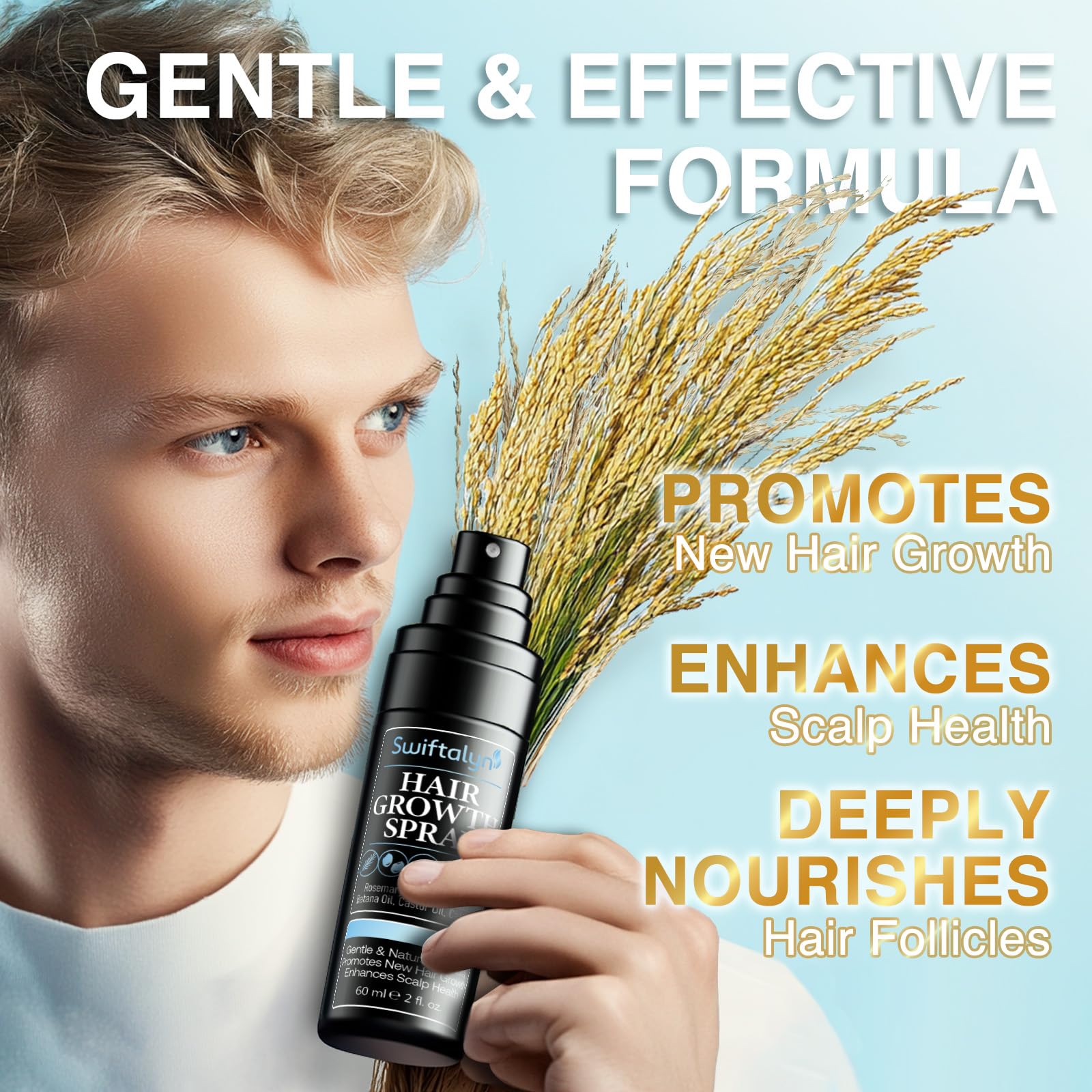 Natural Hair Growth Spray for Men - Rosemary, Batana Oil, Rice Water & Biotin Serum | Scalp Treatment with Castor Oil & Caffeine | Hair Thickening & Hair Loss Solution (60ml) | Perfect for Daily Use & Styling Routine