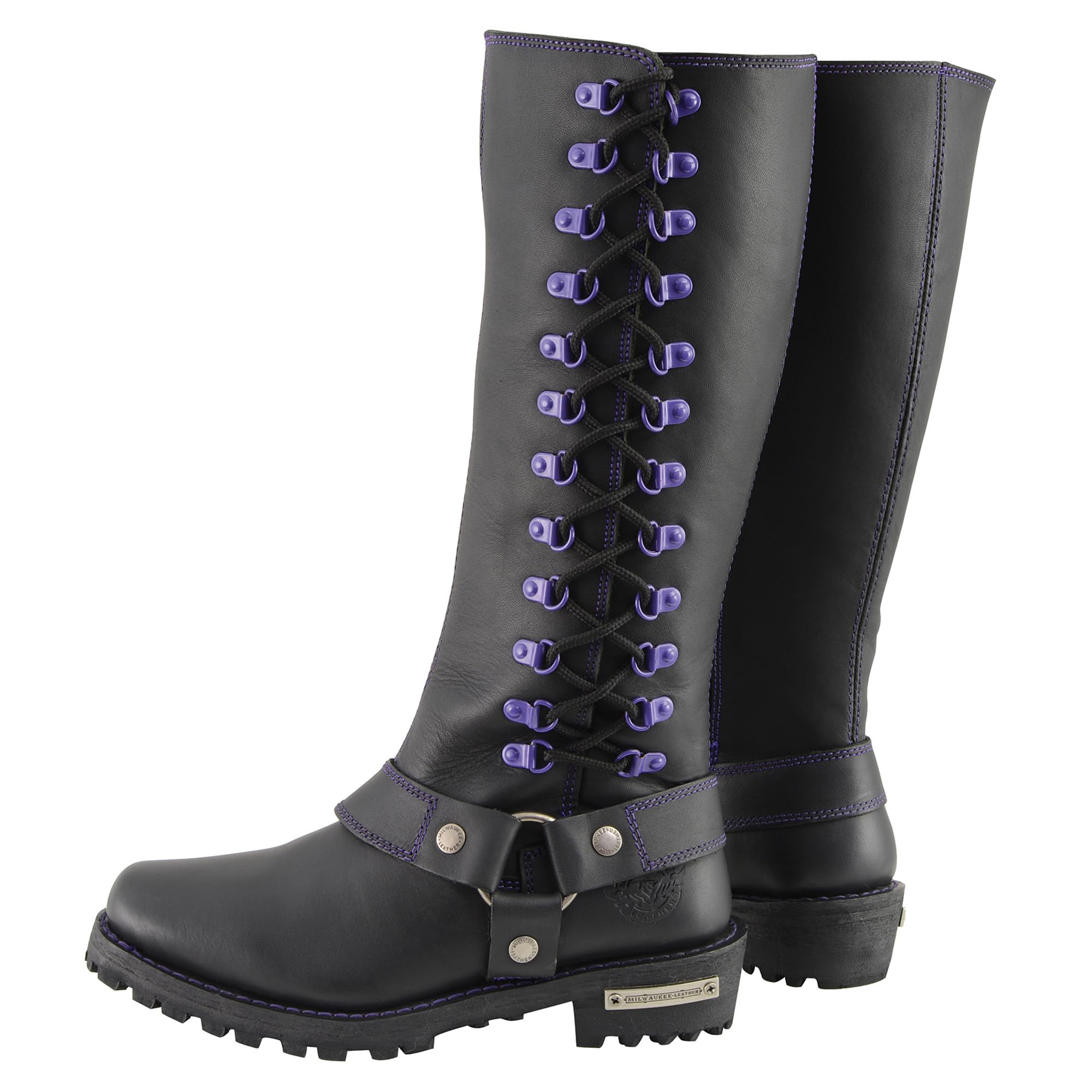 Milwaukee Leather Women's Black 14-inch Motorcycle Boots with Purple & Pink Lacing - Harness Style Biker Boots for Riding & Fashion (MBL9366-MBL9367) | Perfect for Cruiser Motorcycles & Urban Streetwear