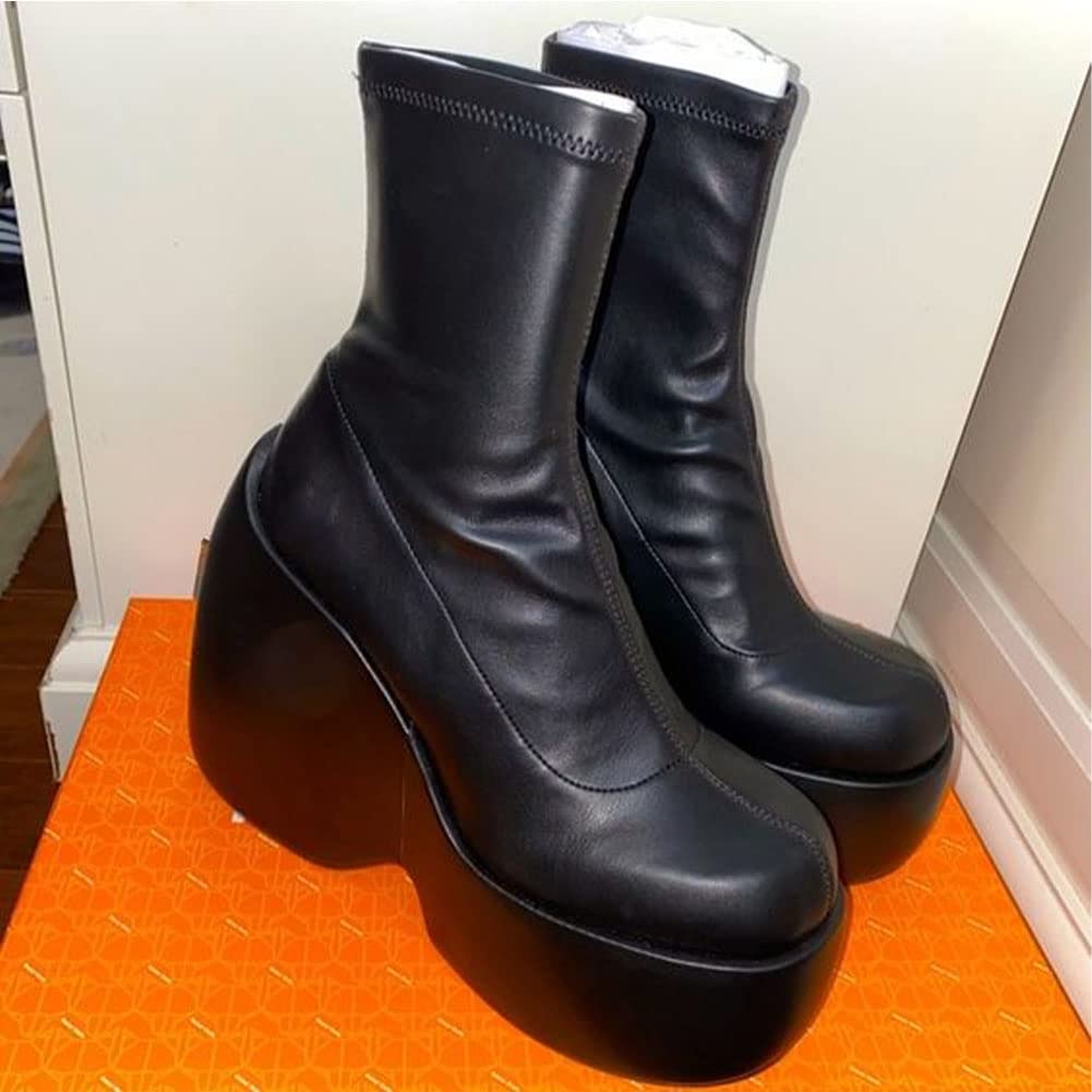 Women's FemFlame Platform Boots - Black Gothic Punk Block Heel Mid Calf Combat Motorcycle Boots | Stylish & Comfortable for Everyday Wear, Concerts & Night Out