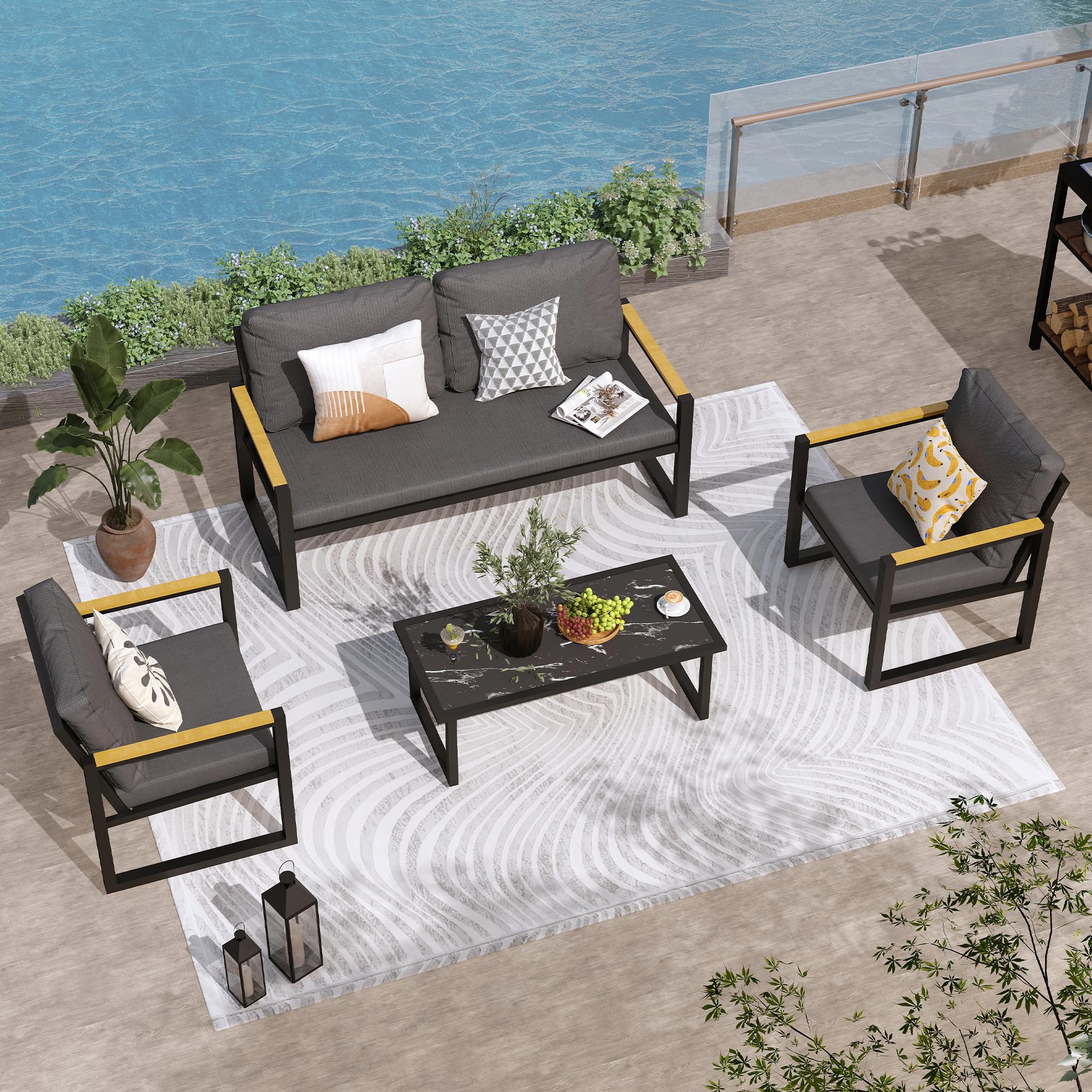 4-Piece Outdoor Patio Furniture Set - Aluminum Conversation Sofa with Coffee Table & Cushioned Chairs - Durable Garden, Backyard, Porch, Lawn, Poolside & Deck Set for Relaxing & Entertaining