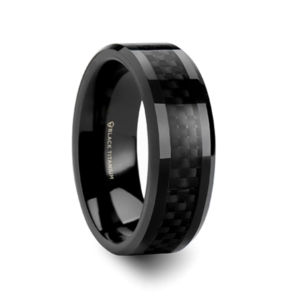 Men's Black Titanium Wedding Ring with Carbon Fiber Inlay - Polished Beveled Comfort Fit Band - 6mm & 8mm Width Options - OXYN Style - Perfect for Weddings, Anniversaries, and Everyday Wear