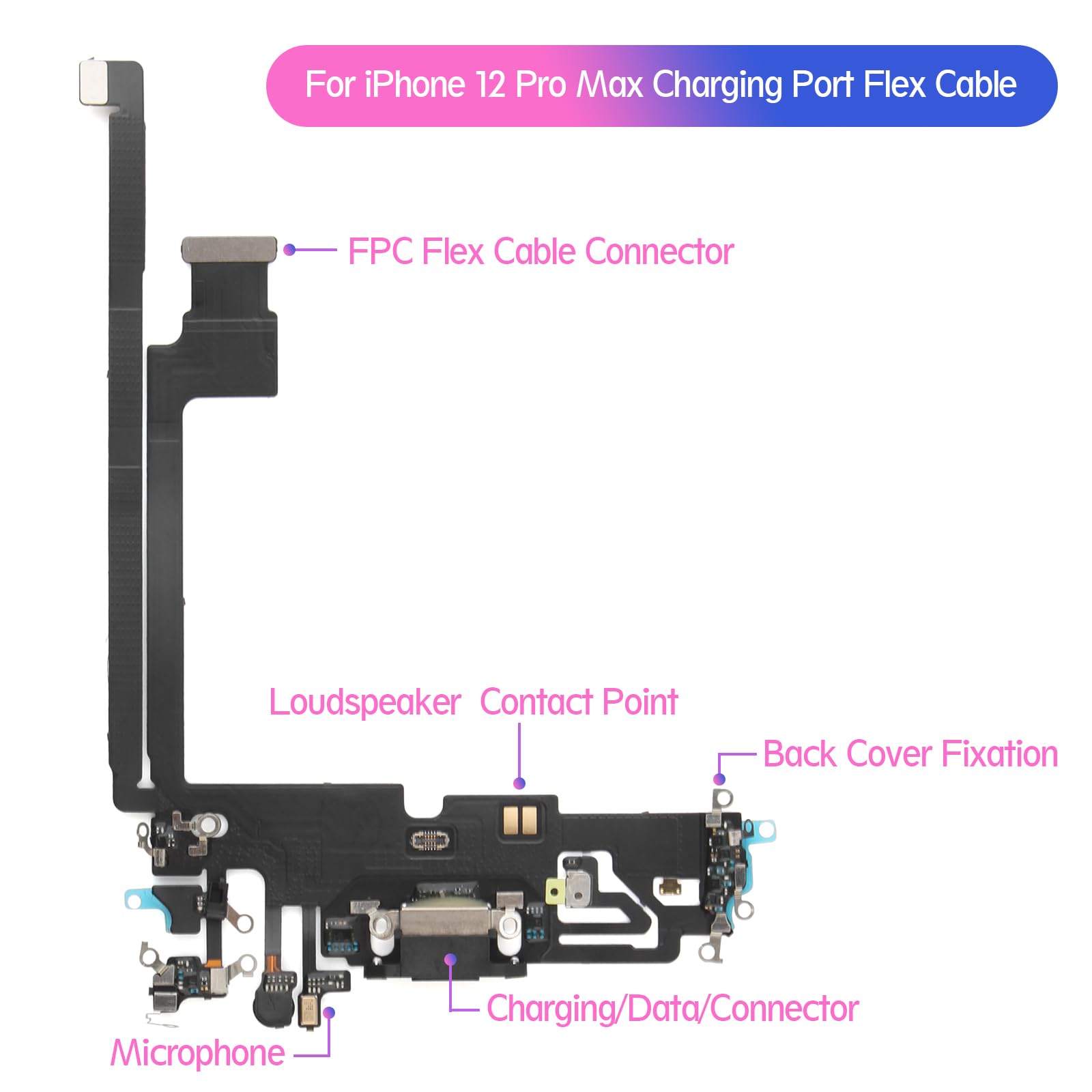 Original iPhone 12 Pro Max Dock Connector Replacement - USB Charging Port Flex Cable & Charger Dock Board Assembly with Repair Tools (Black) | Fix Charging Issues, DIY Phone Repair for iPhone 12 Pro Max