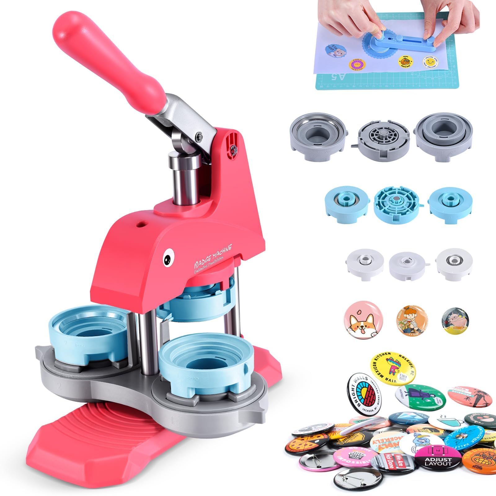 Button Pin Maker Machine Kit - 300 Pcs 1'', 1.25'', 2.25'' Badge Press with Dies, Refills & Circle Cutters for DIY Custom Pins - Perfect for Events, Parties, Fundraisers & Craft Projects