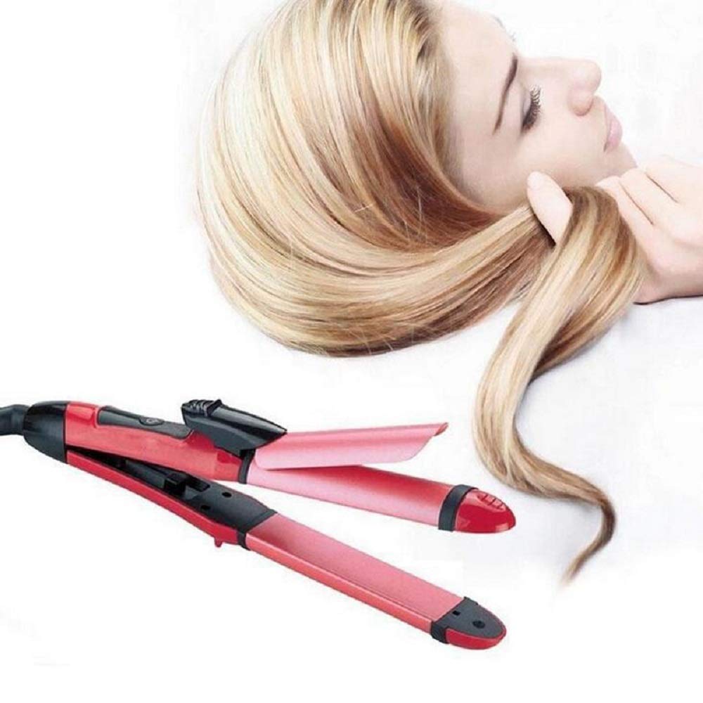 RD MALL 2 in 1 Hair Straightener & Curling Iron for Women - Ceramic Plates Hair Styler with Adjustable Temperature (Pink) | Perfect for Home Use, Travel & Salon Styling
