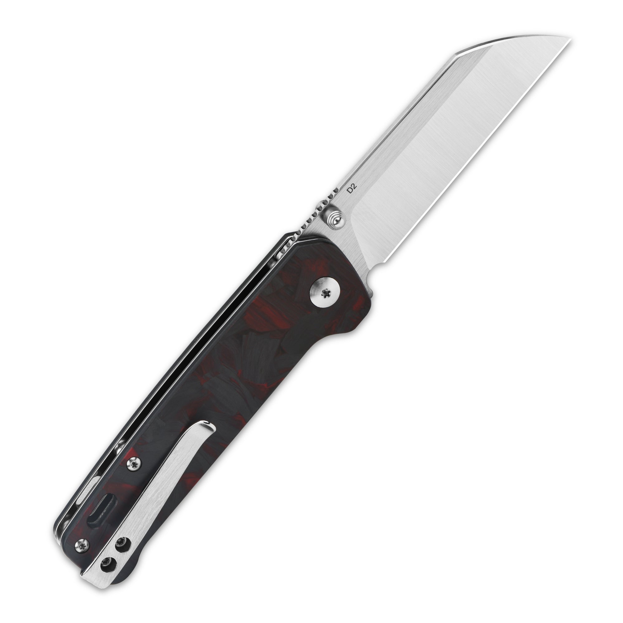 QSP Penguin Liner Lock Pocket Knife - D2 Steel Blade, Red Shredded Carbon Fiber & G10 Handle - EDC, Camping, Hiking, Survival Tool