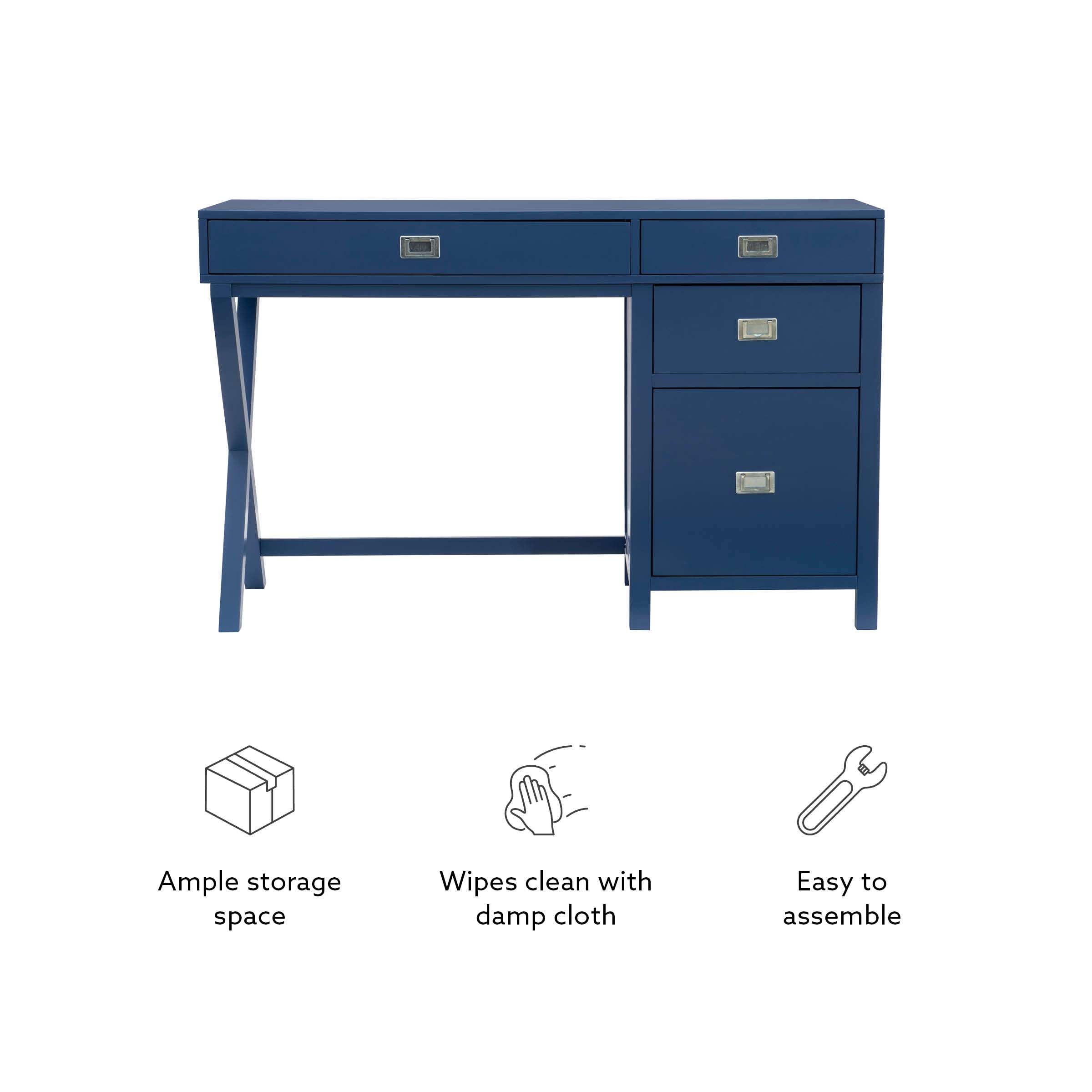 Linon Sadie Navy Blue Modern Classic Side Storage Desk - Stylish Home Office Furniture with Drawers for Organization | Perfect for Small Spaces, Dorm Rooms & Workspaces