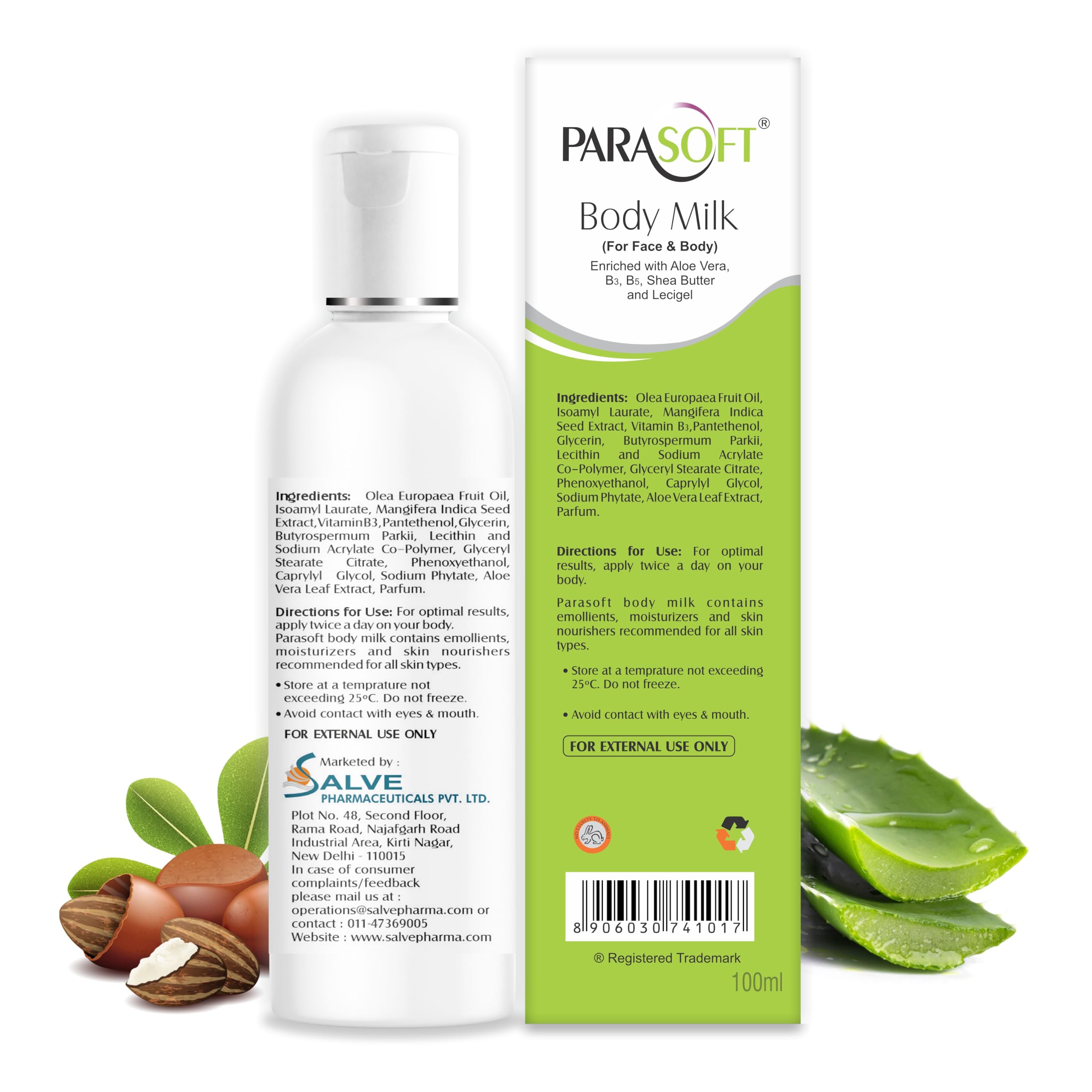 Parasoft Aloe Vera & Shea Butter Body Lotion with Vitamins B3 & B6 - Hydrating Moisturizer for Dry & Acne-Prone Skin | Non-Greasy Face & Body Milk (100ml) | Perfect for Daily Skincare Routine & Post-Shower Hydration