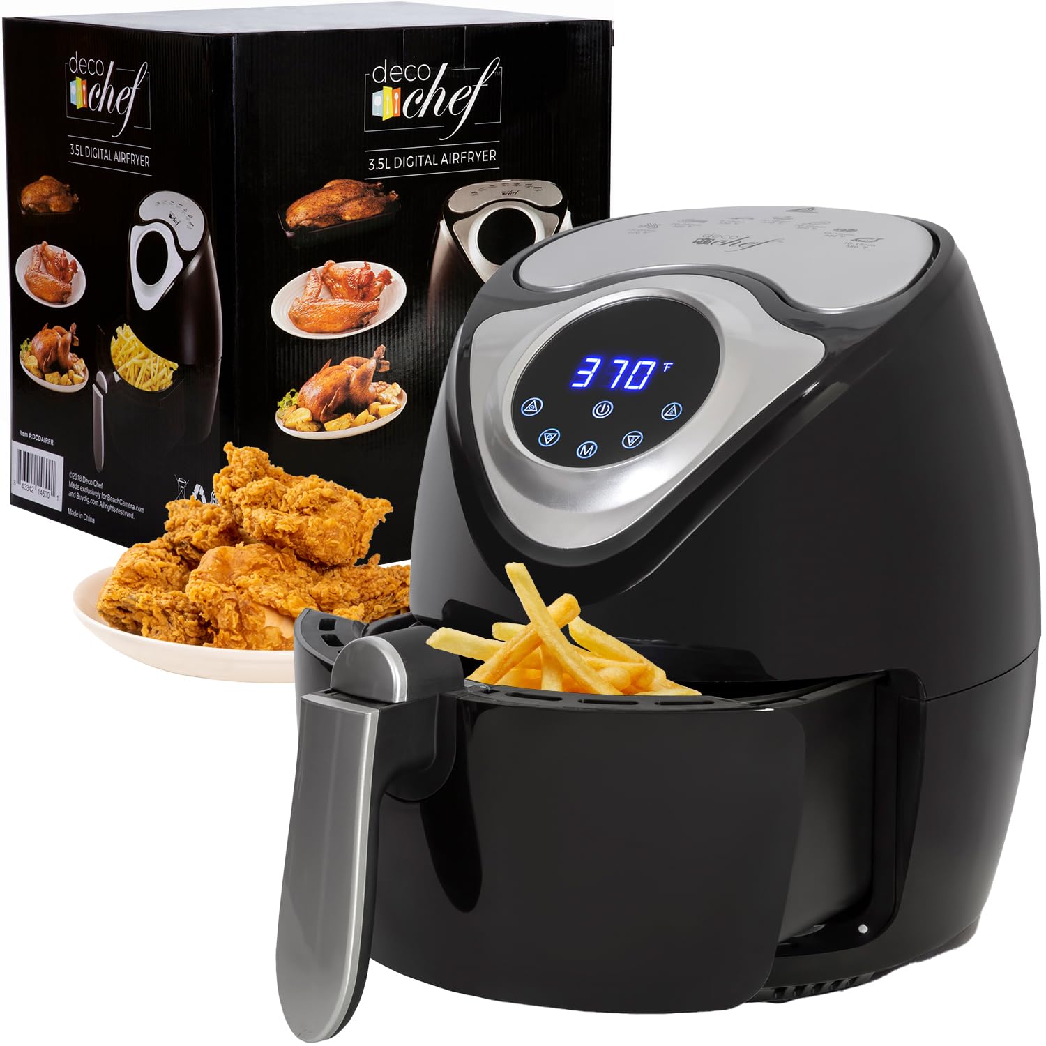 Deco Chef XL 3.7 QT Digital Air Fryer with 7 Smart Programs - LED Touch Screen, Oil-Free Nonstick Basket, Timer - Healthy Kitchen Appliance for Low Fat Cooking, Meal Prep & Family Dinners - Includes Free Cookbook