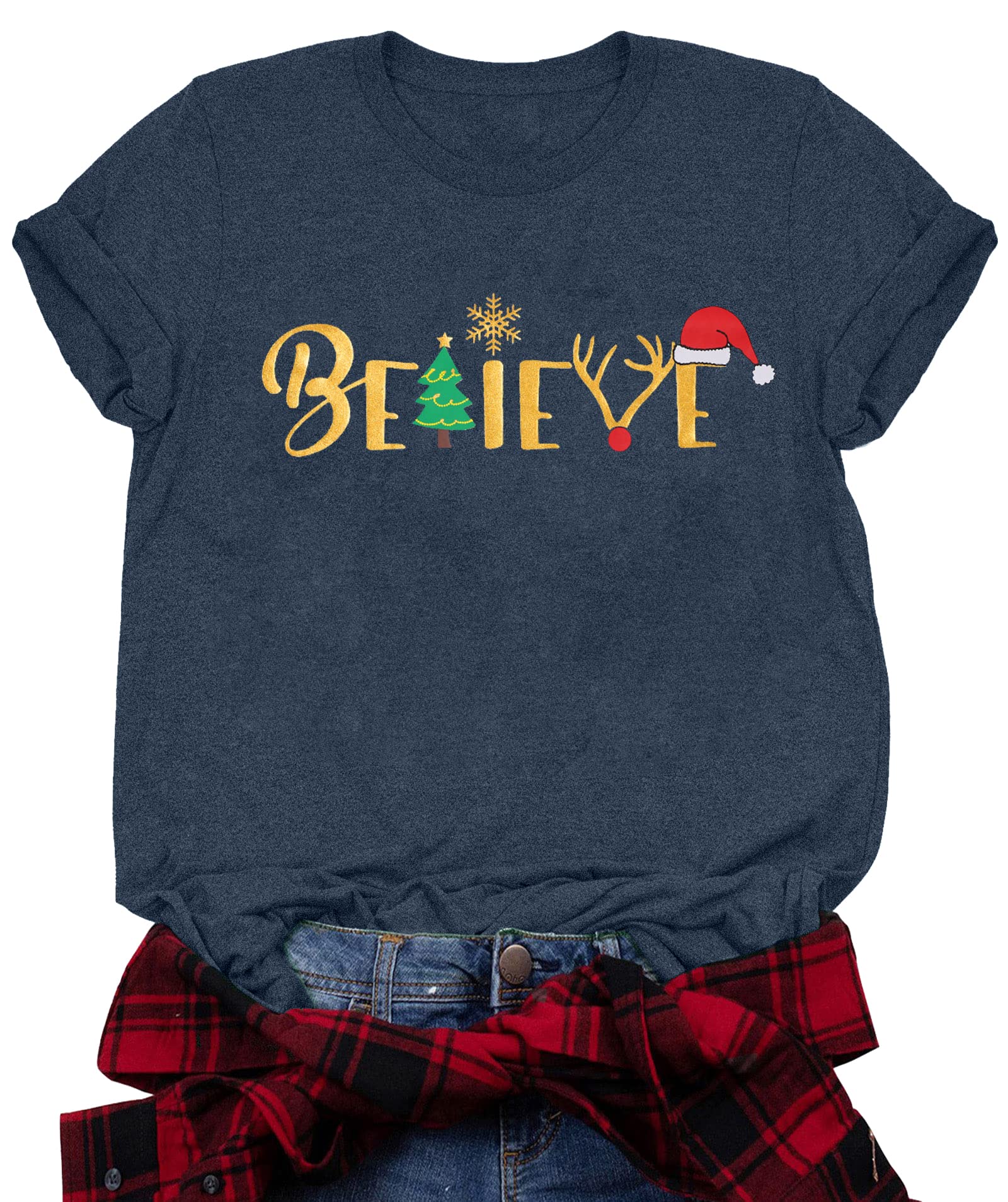 Christmas Believe Tree Graphic Tee - Cute Short Sleeve T-Shirt for Women | Holiday Party, Family Gathering & Festive Outfit