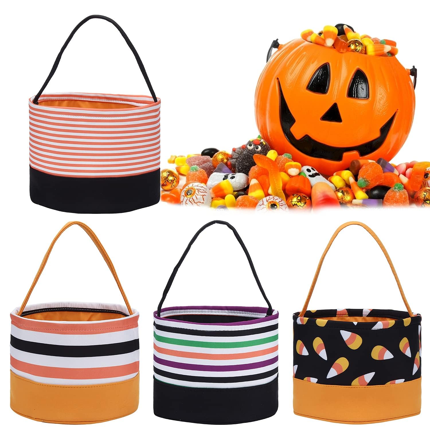 Halloween Candy Basket - Trick or Treat Bags for Kids, Fabric Candy Buckets with Handle, Halloween Party Supplies & Decorations (Orange Stripe) - Perfect for Trick-or-Treating, Halloween Parties & Gift Giving