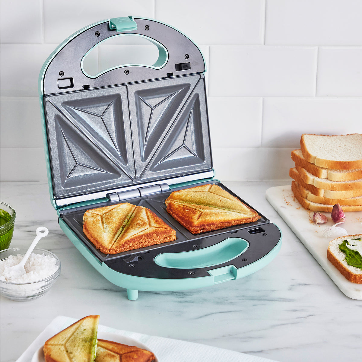 GreenLife Non-Stick Waffle Maker and Sandwich Press Combo - 2-in-1 Breakfast Appliance with Adjustable Temperature (Turquoise) | Perfect for Family Breakfast, Brunch, and Quick Snacks