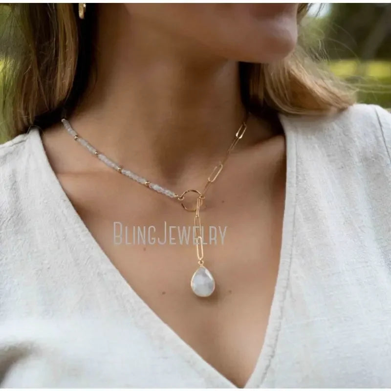 10pcs Labradorite Moonstone Amethyst Tear Drop Lariat Necklace for Women - Elegant Stone Chain Choker Statement Jewelry for Bridesmaid, Gift & Everyday Wear | Boho Chic, Wedding & Party Accessories