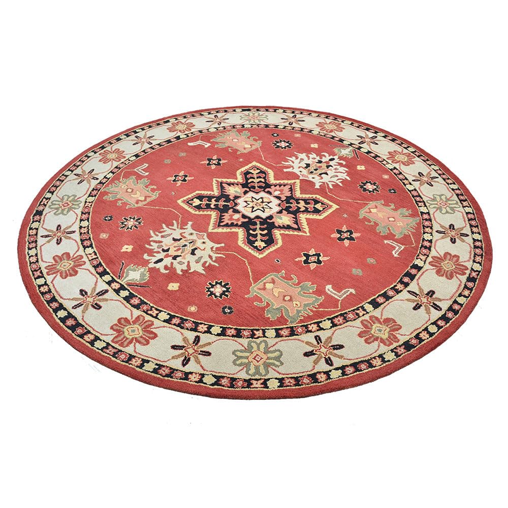 Hand Tufted Wool Eco-Friendly Round Area Rug 6'x6' - Red & Cream Oriental Traditional Design, High Pile Thick Non-Slip Handmade Rug (K00535) for Living Room, Bedroom & Home Decor