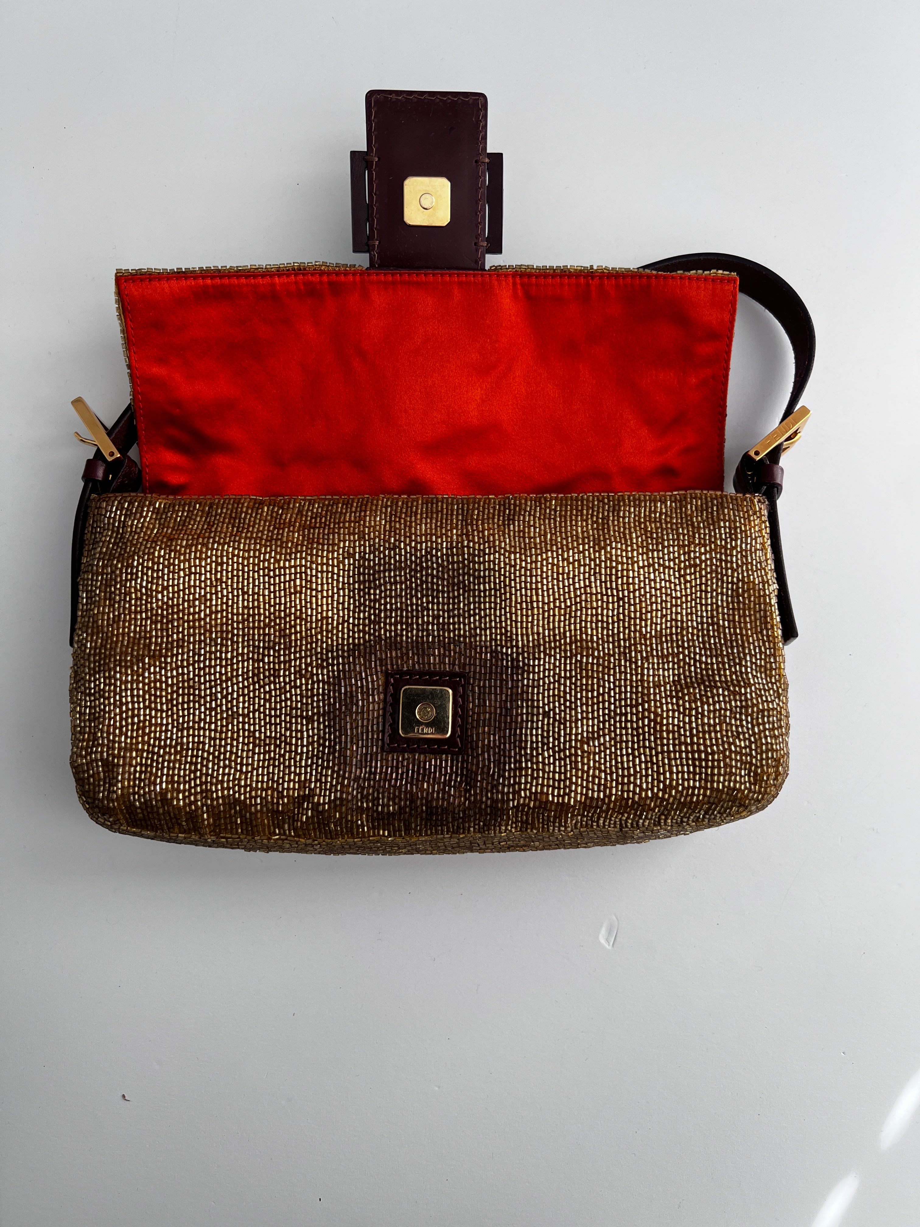 Fendi Gold Beaded Baguette Bag - Luxury Designer Crossbody Purse for Women | Perfect for Parties, Weddings & Evening Events