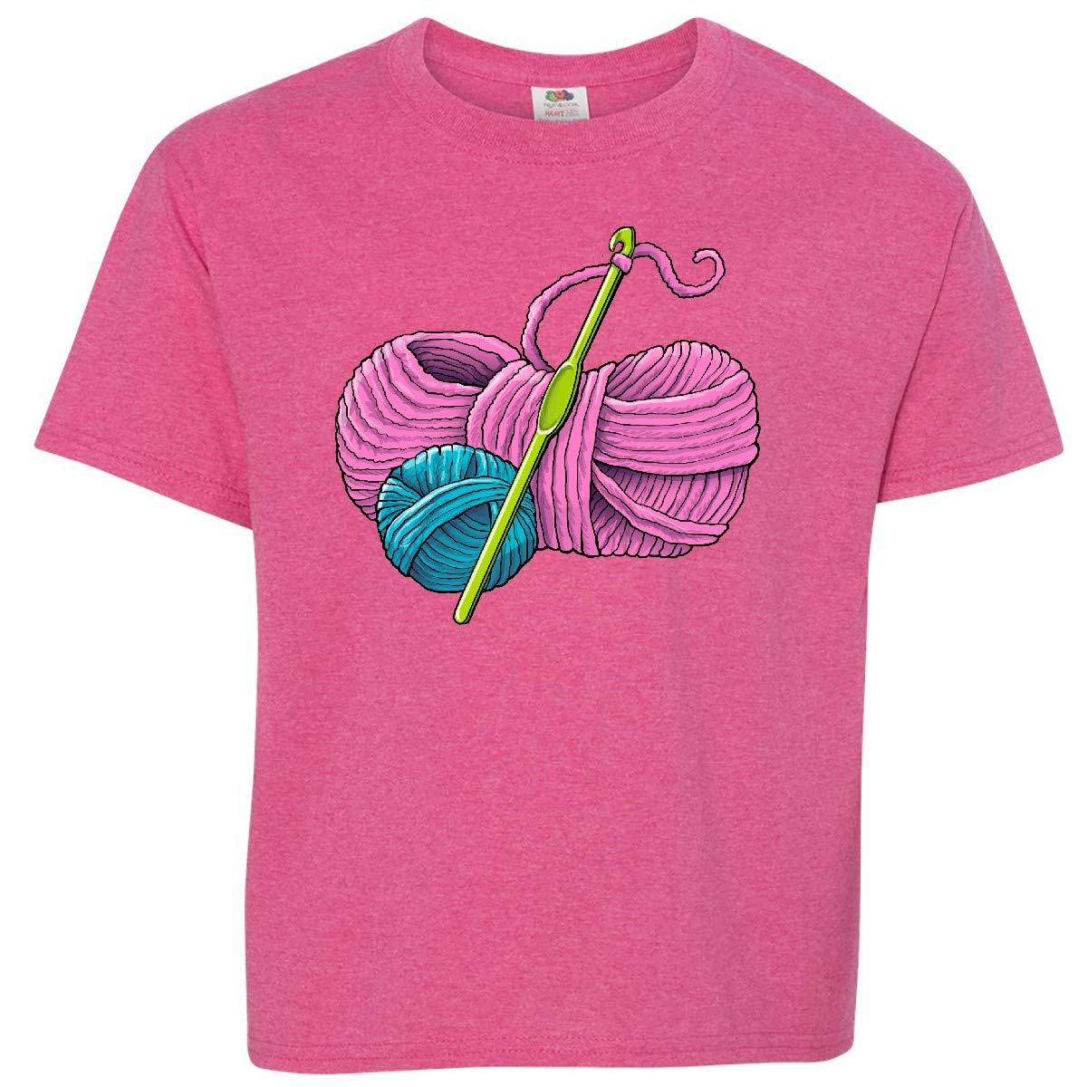 Inktastic Blue and Pink Yarn with Crochet Hook Youth T-Shirt - Soft Cotton Graphic Tee for Kids & Teens - Perfect for Craft Lovers, Crochet Enthusiasts & DIY Fashion