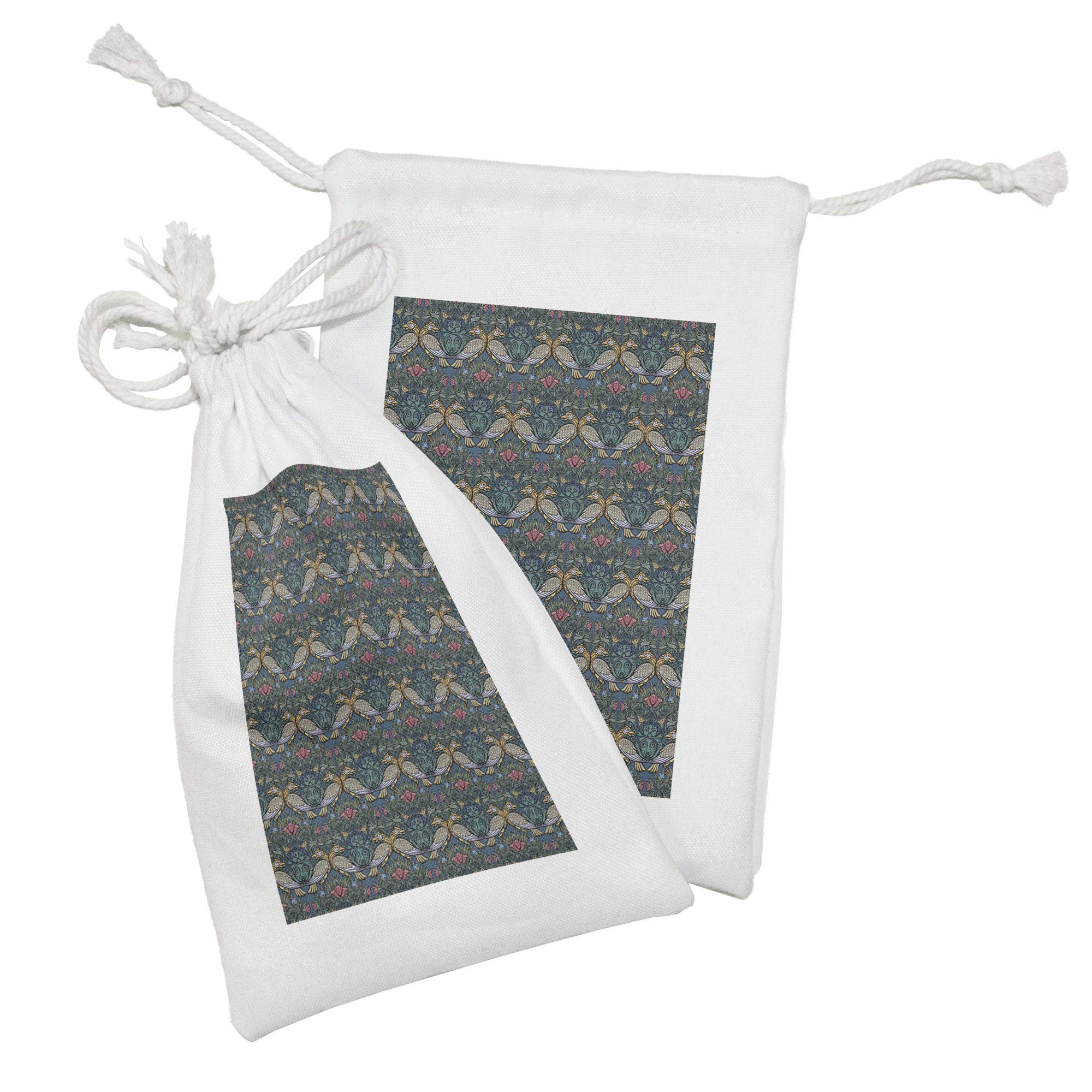 Ambesonne 2-Piece Folk Fabric Pouch Set - Victorian Style Drawstring Bags with Cartoon Poppies, Bluebells & Birds - 9