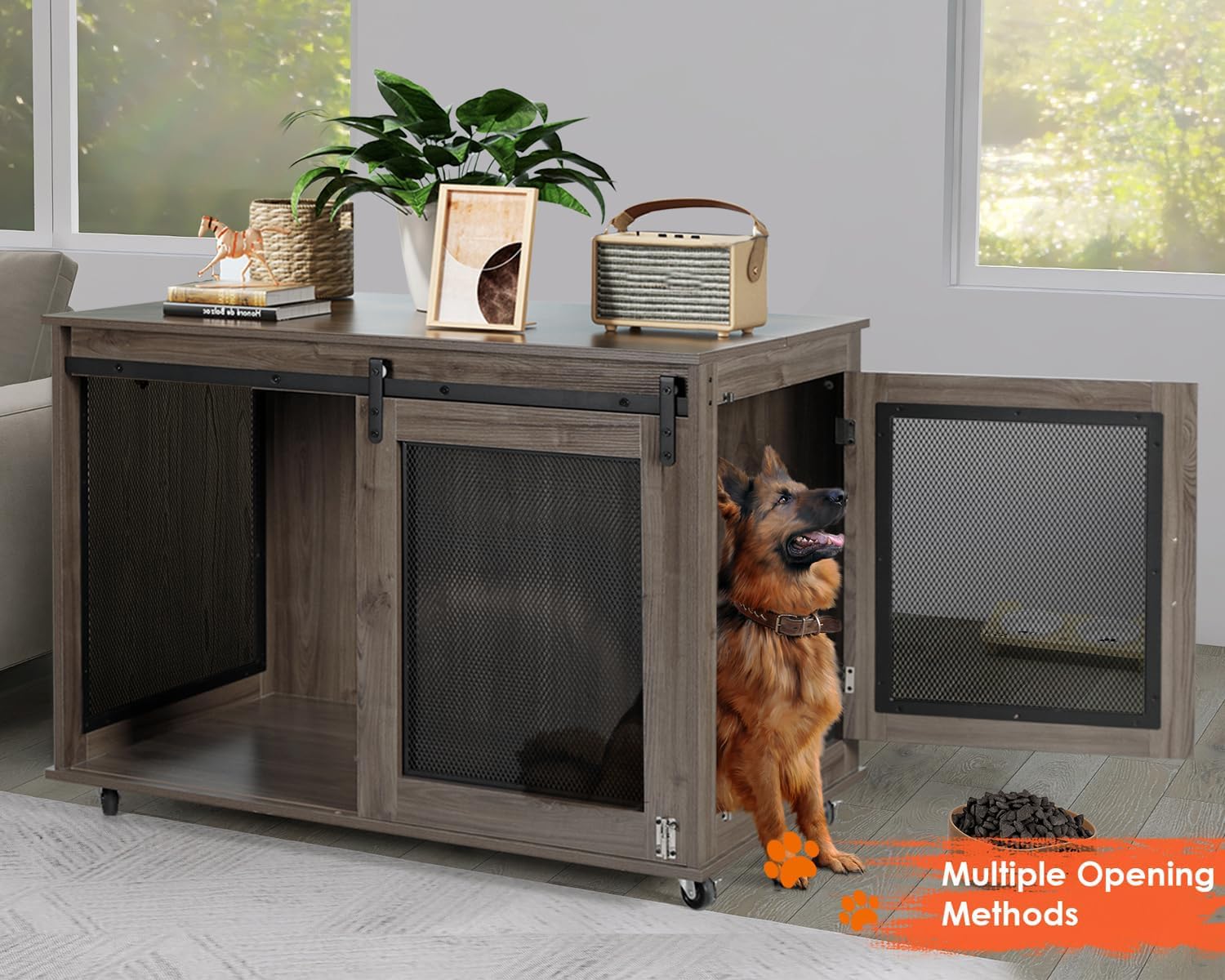 LINLUX 47 Inch XL Heavy Duty Wooden Dog Crate Furniture - Indoor Dog Kennel with Sliding Doors, Wheels & Flip-Top Plate for Extra Large Dogs - Perfect for Living Room, Bedroom or Office Pet Enclosure