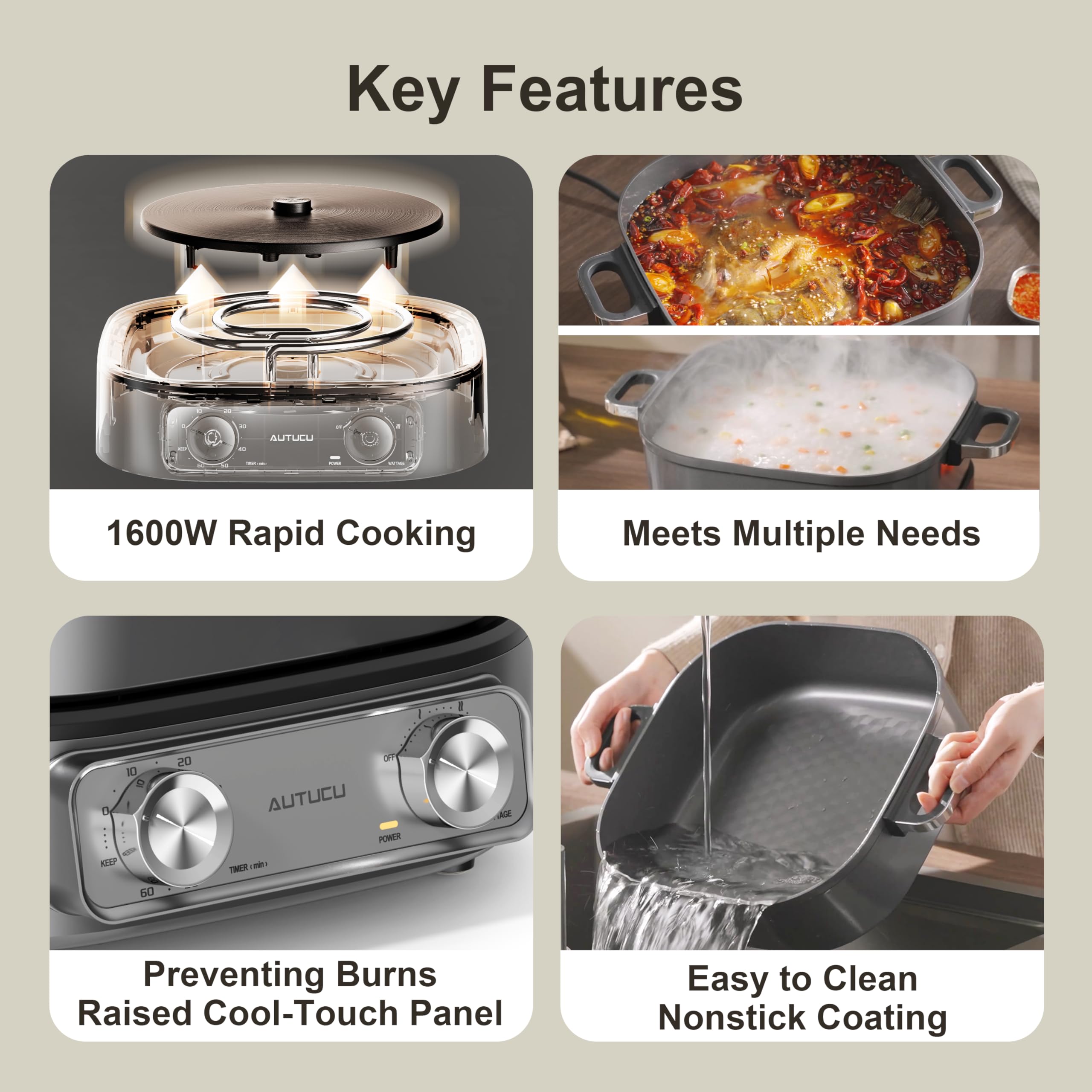 6-Quart Electric Hot Pot & Multi-Cooker - PFOA-Free Ceramic Non-Stick Skillet with 3 Power Settings & Timer, 1600W for Family Cooking | Perfect for Soups, Stews, Hot Pot Parties & Dorm Room Meals