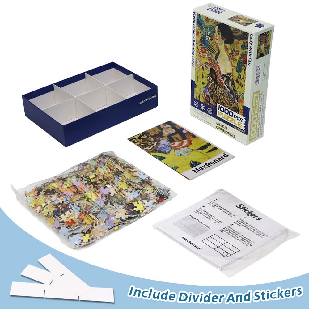 1000-Piece Jigsaw Puzzle - Klimt's Lady with Fan Fine Art Collection | Adult Puzzle Game with Glue Sheets | Perfect for Family Bonding, Stress Relief & Home Decor