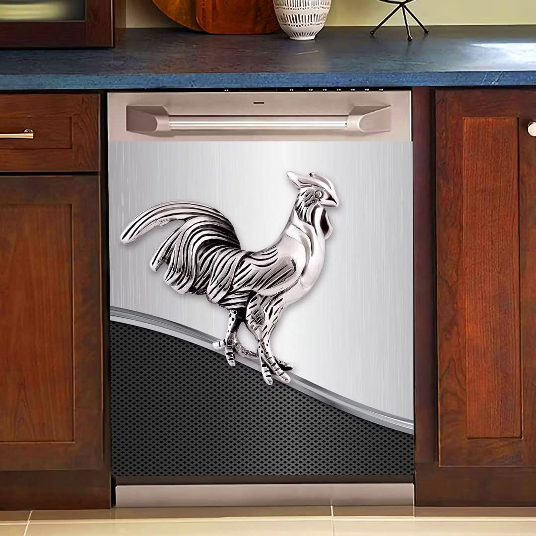 Rooster Dishwasher Magnet Cover - Grey Background Decorative Refrigerator Sticker, 23Wx26H Inches Magnetic Dishwasher Shield for Kitchen - Cute Animal Design for Refrigerator & Appliance Decoration | Perfect for Farmhouse, Country Style Kitchens