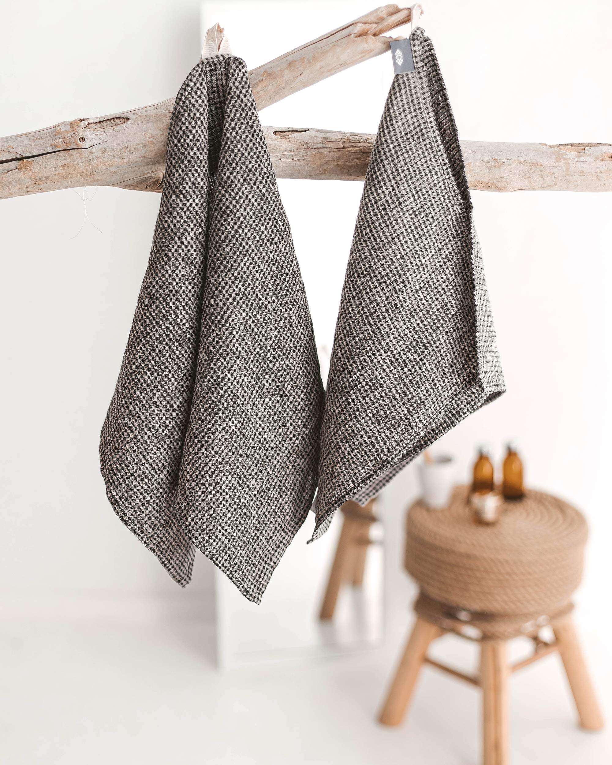 Premium 100% Linen Waffle Towel Set - 4-Piece Bath & Hand Towels (2 Bath, 2 Hand) - Black & Natural Pre-Washed Quick-Dry Absorbent - European Flax - Perfect for Spa, Bathroom & Beach Use