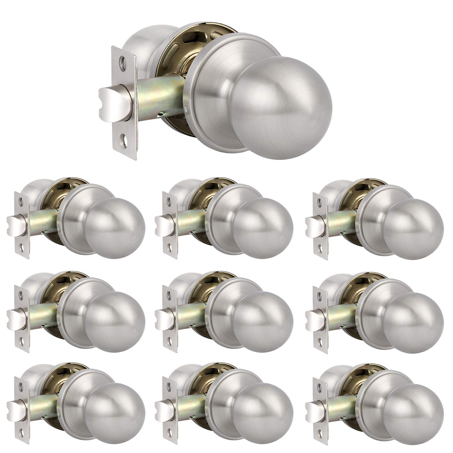 10 Pack Satin Nickel Round Ball Door Knobs - Classic Passage Hallway & Closet Door Handles, Non-Locking - Perfect for Bedrooms, Bathrooms & Interior Doors
