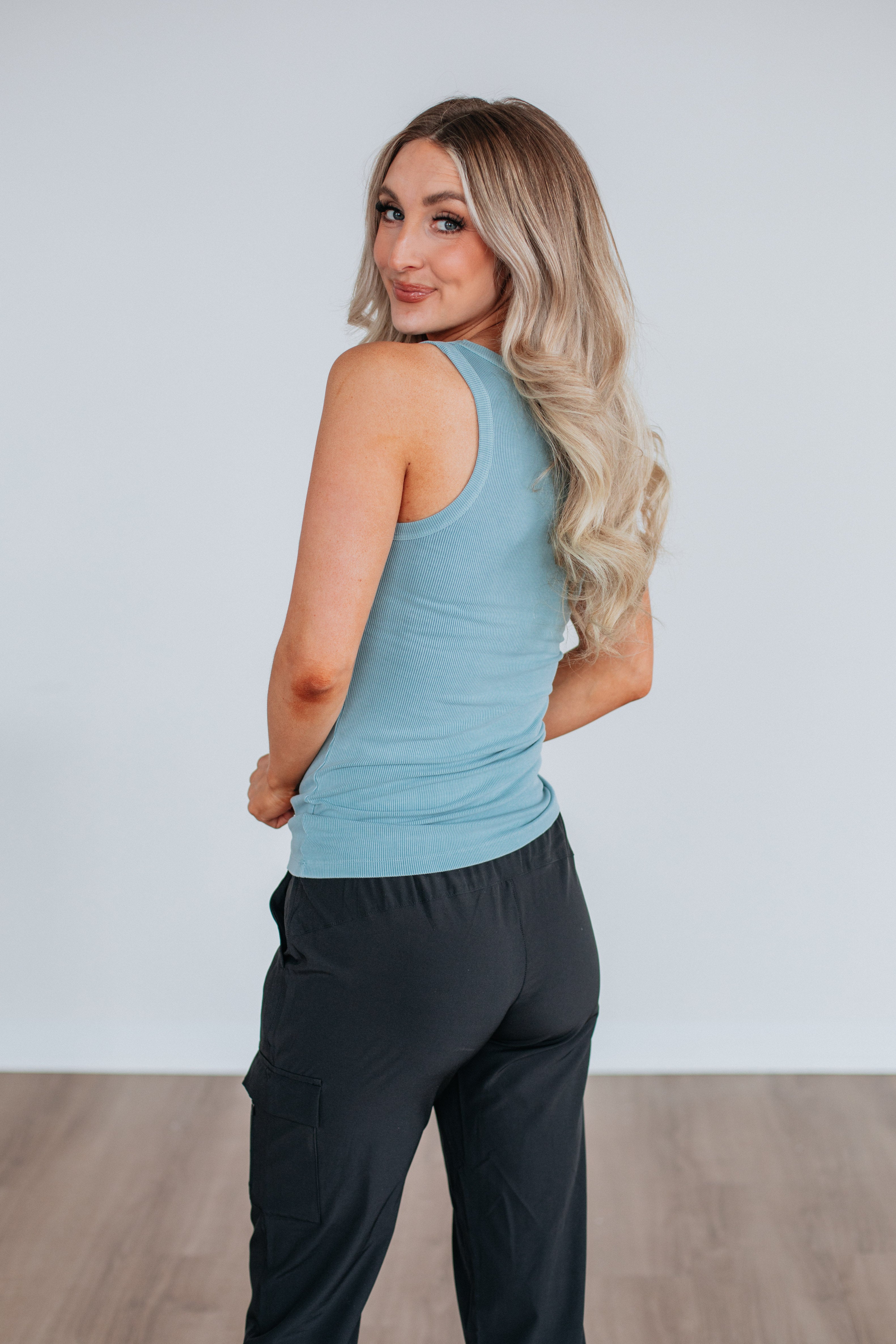 Brinney Ribbed Tank Top for Women - Vintage Retro Blue Casual Sleeveless Shirt - Perfect for Summer Outfits, Beach Wear, and Layering