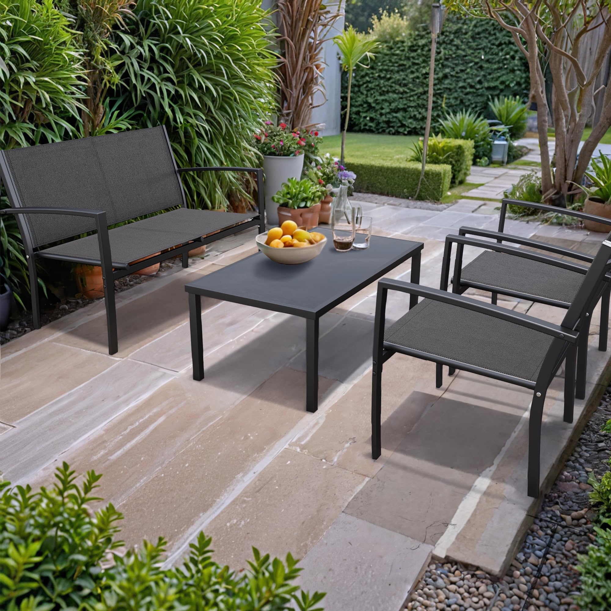 Tuoze 4-Piece Outdoor Patio Furniture Set with Glass Coffee Table - Black Bistro Conversation Set for Garden, Yard, Lawn & Balcony | Perfect for Relaxing, Entertaining & Outdoor Dining