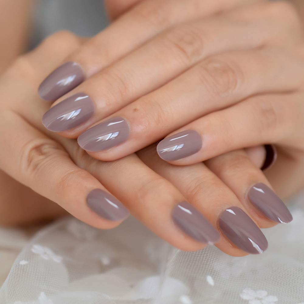 Glossy Light Purple Grey Press on False Nails - Medium Length Oval Fake Nails for Women | Perfect for Office Wear, Daily Use & Special Occasions