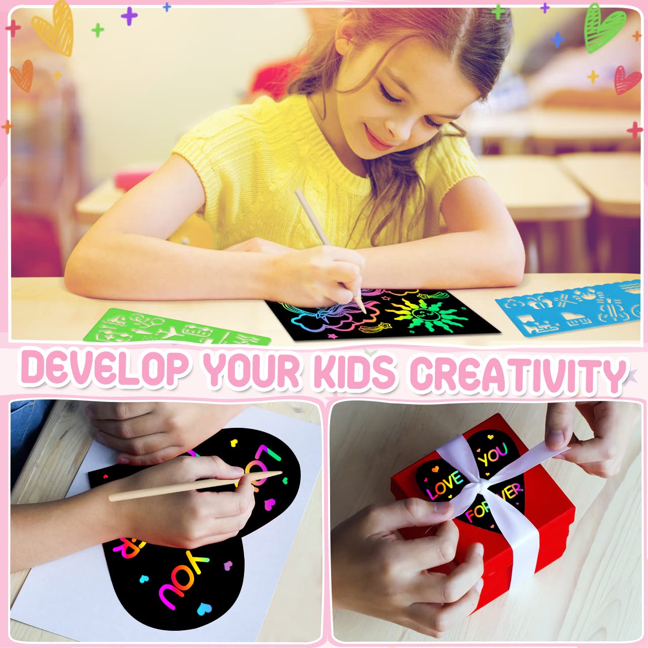 34Pcs Rainbow Scratch Art Paper Kit for Kids Ages 4-12 - Creative DIY Art Crafts Birthday Party Favors, Halloween Christmas Easter Gifts for Boys & Girls - Fun Classroom & Home Activity Supplies