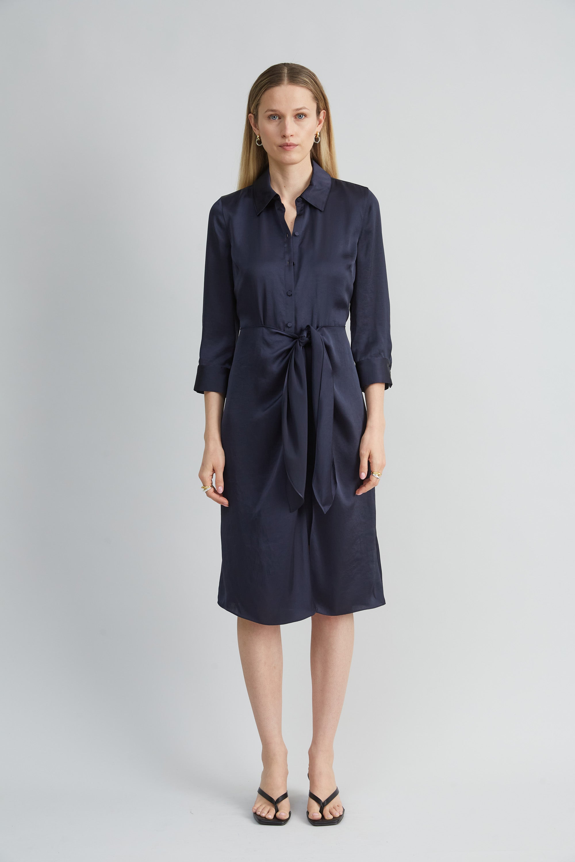 Elegant Satin Tie Front Shirt Dress for Women - Perfect for Office, Date Night & Special Occasions