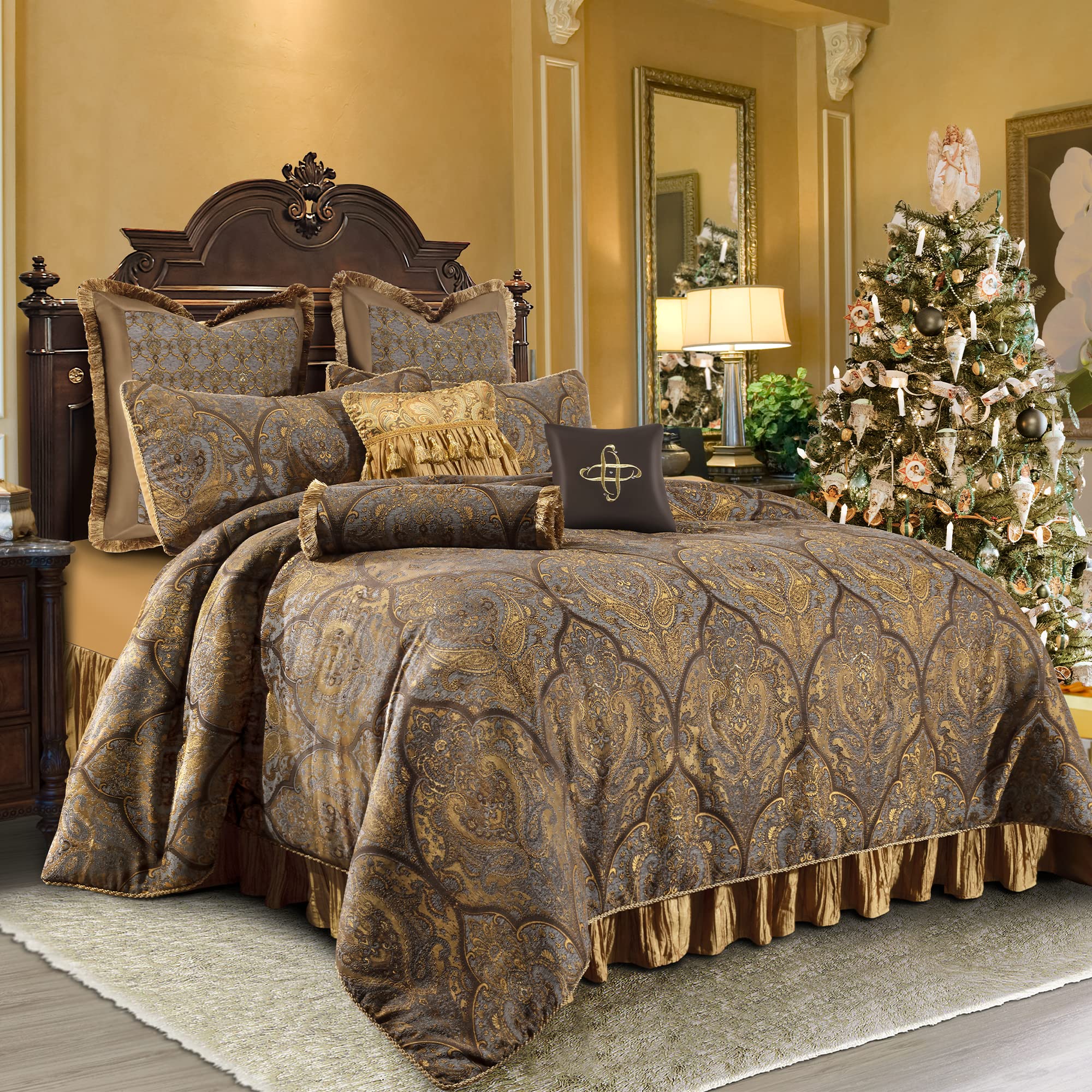 Luxury 9-Piece Jacquard Comforter Set Queen Size - Classic Antique Damask Bedding with Euro Shams, Bedskirt & Decorative Pillow - Ultra Soft Loom and Mill Collection (Cambridge Design) for Elegant Bedroom Decor