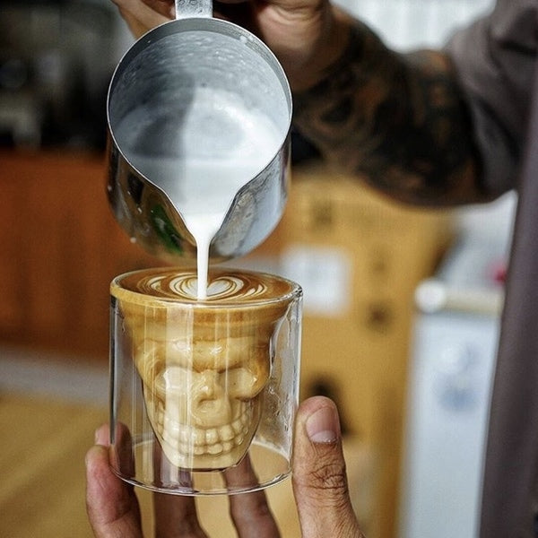 Skull Double Wall Insulated Glass Cup - Hot & Cold Drink Tumbler for Coffee, Tea, Beer - Halloween Party, Gothic Home Decor, Unique Gift Idea