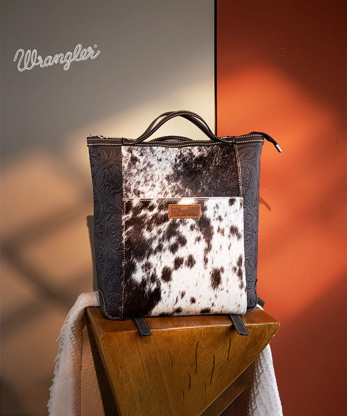 Wrangler Genuine Hair-On Cowhide Convertible Backpack for Men & Women - Durable Leather Travel Bag for Work, Hiking & Outdoor Adventures