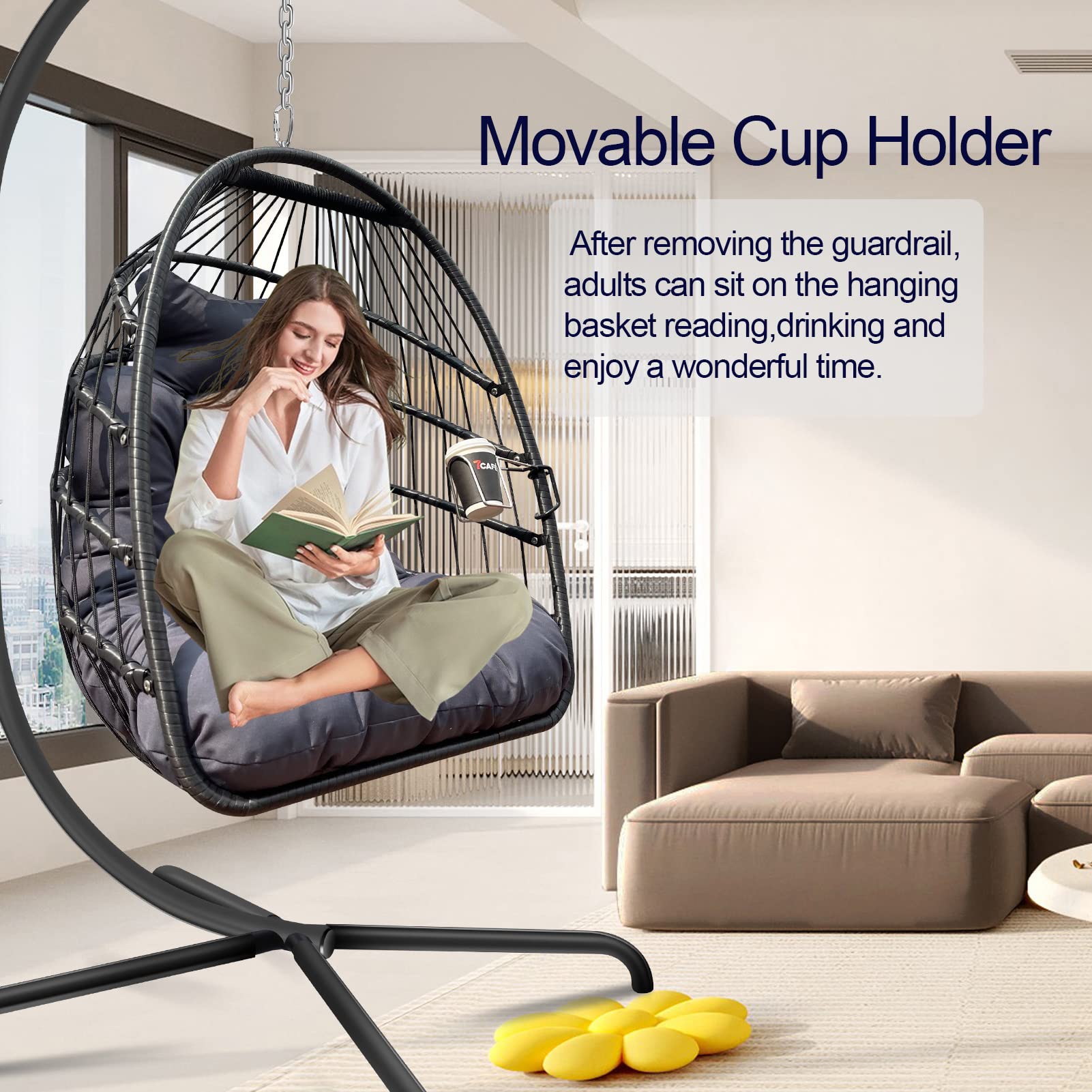 JESE Foldable Wicker Egg Swing Chair with Stand - UV Resistant & Waterproof Cushion, 350lbs Capacity Hanging Chair with Cup Holder - Perfect for Patio, Bedroom, Indoor & Outdoor Relaxation (Black)