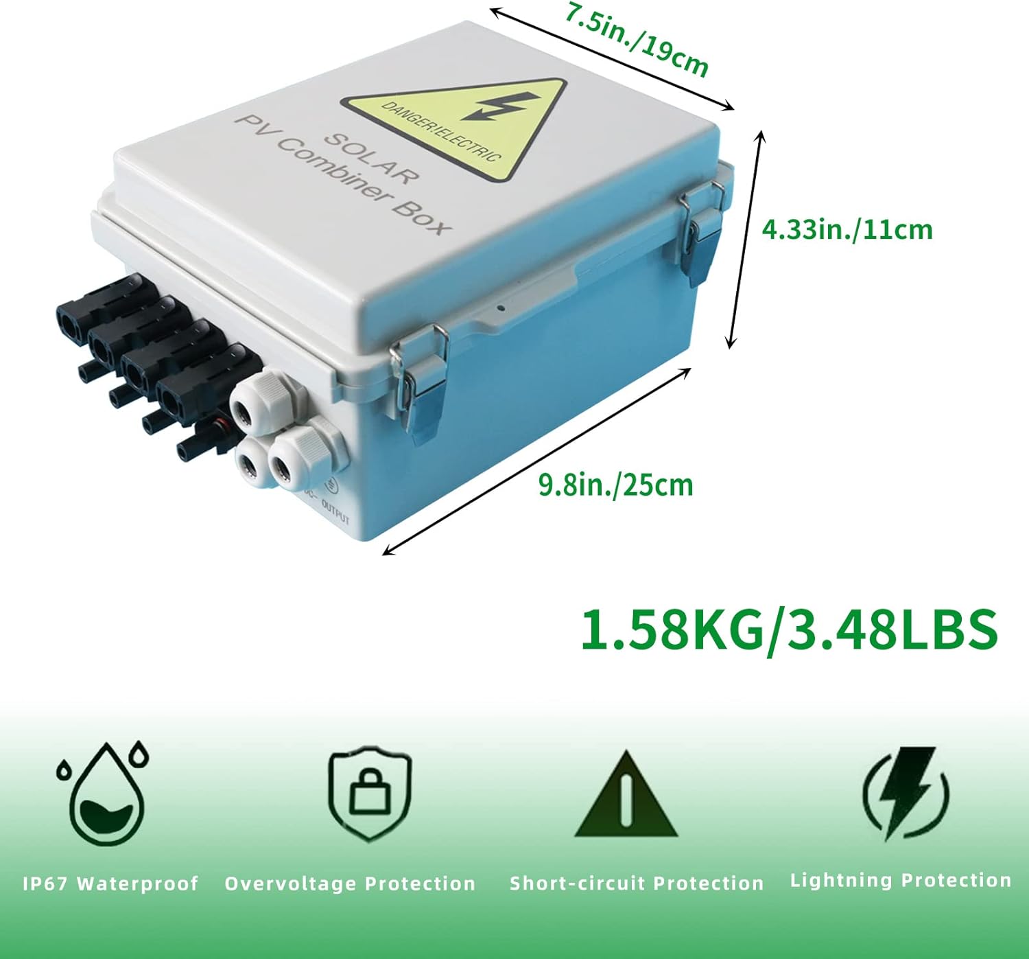 4 String Waterproof Solar Combiner Box with Lightning Arrester - 15A Fuse & 63A Circuit Breaker for Solar Panel Systems | Outdoor PV Array Protection for Home & Commercial Use